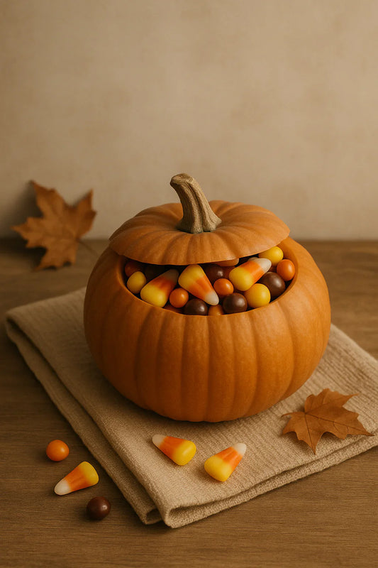 A hollow orange pumpkin with candy corn and chocolate inside
