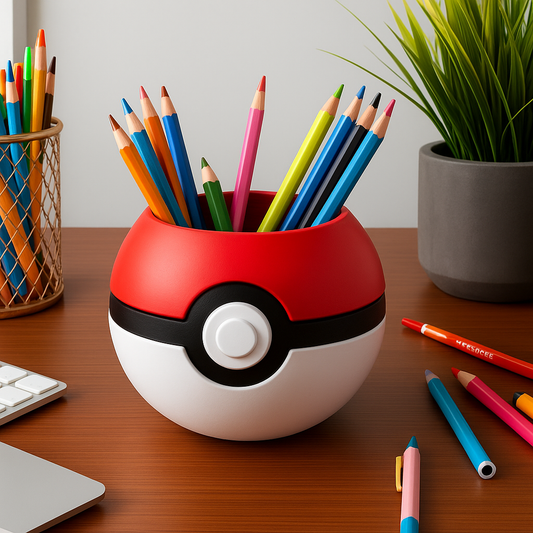 Pencil holder shaped like a Pokeball. It is red and white