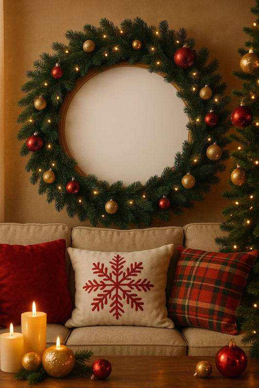 A beige sofa with decorative pillows and a Christmas wreath