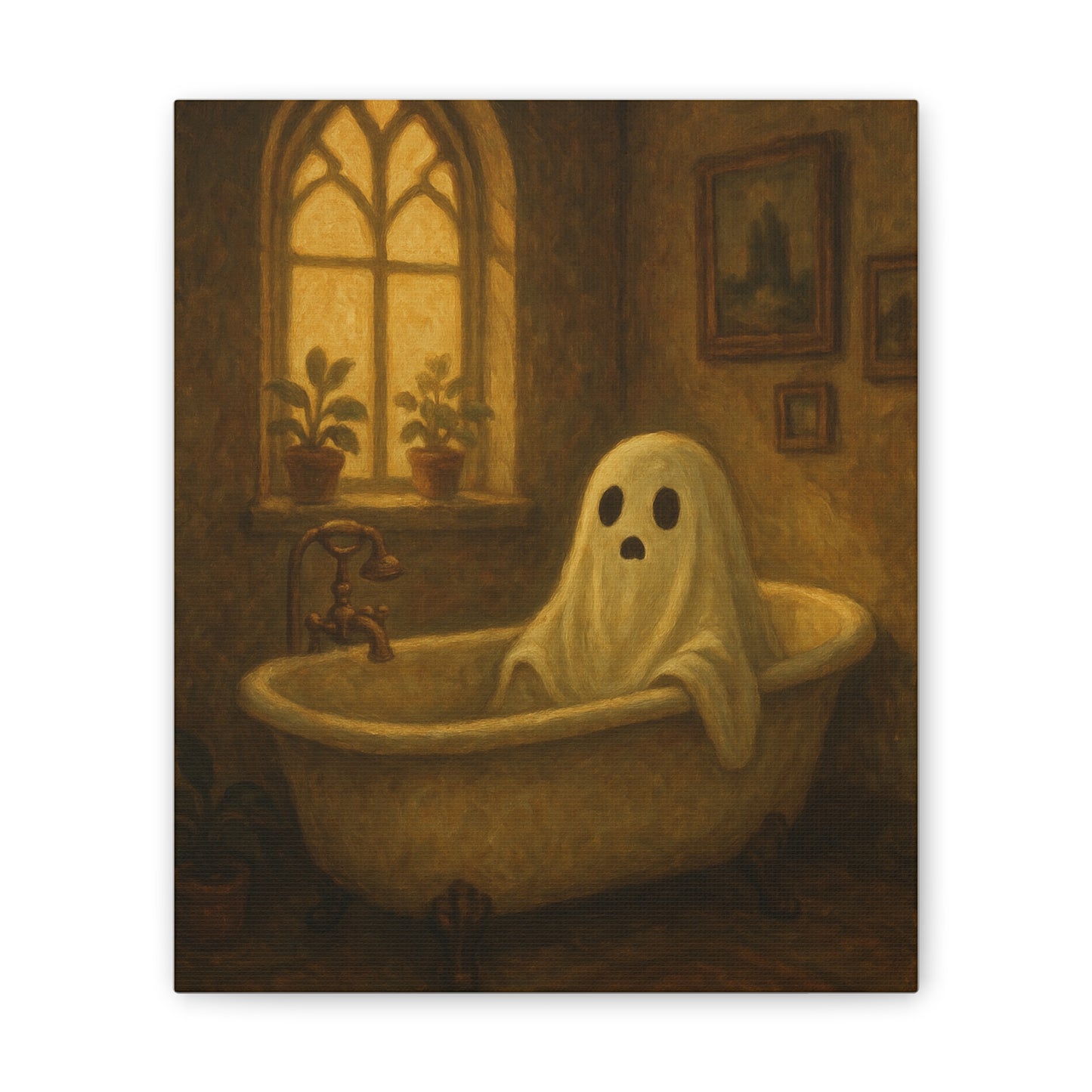 Canvas Stretched Wall Art - Ghost in Bathtub Traditional Bathroom Decor, Haunted House Wall Hanging, Spooky Home Art, Ghostly