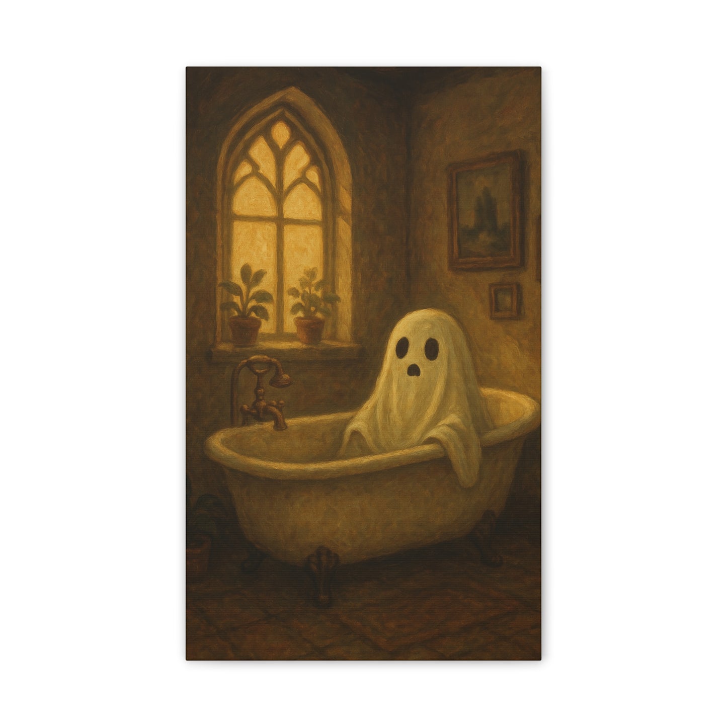 Canvas Stretched Wall Art - Ghost in Bathtub Traditional Bathroom Decor, Haunted House Wall Hanging, Spooky Home Art, Ghostly