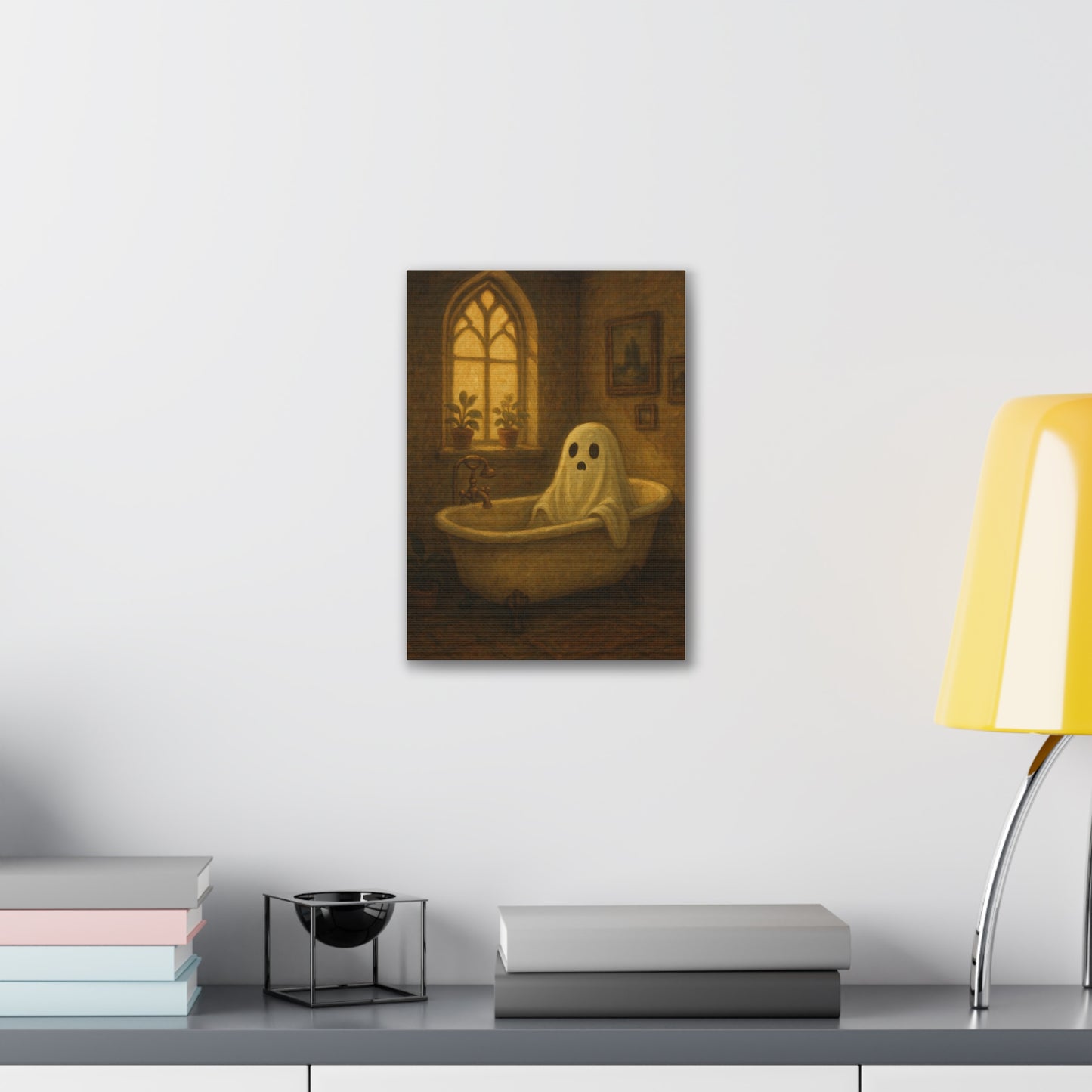 Canvas Stretched Wall Art - Ghost in Bathtub Traditional Bathroom Decor, Haunted House Wall Hanging, Spooky Home Art, Ghostly