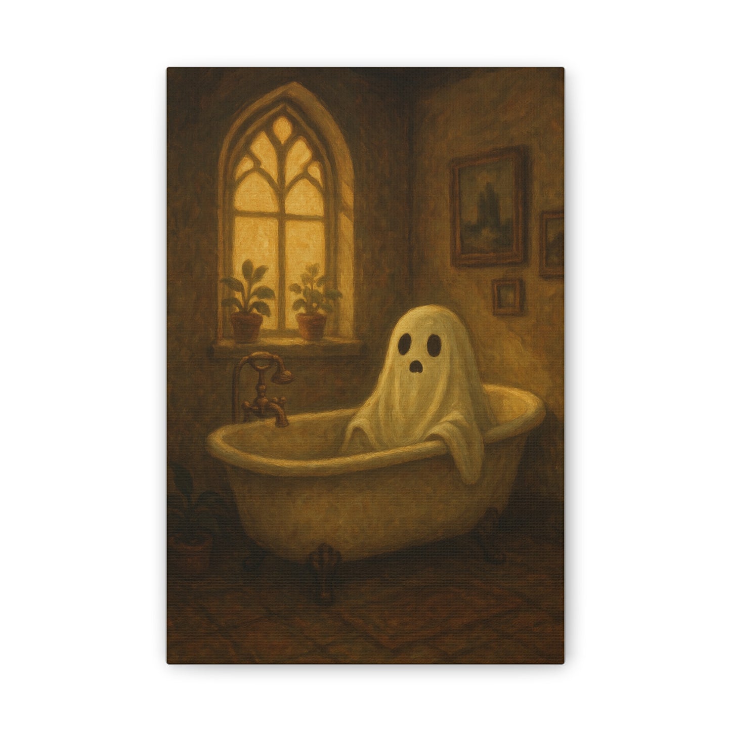 Canvas Stretched Wall Art - Ghost in Bathtub Traditional Bathroom Decor, Haunted House Wall Hanging, Spooky Home Art, Ghostly
