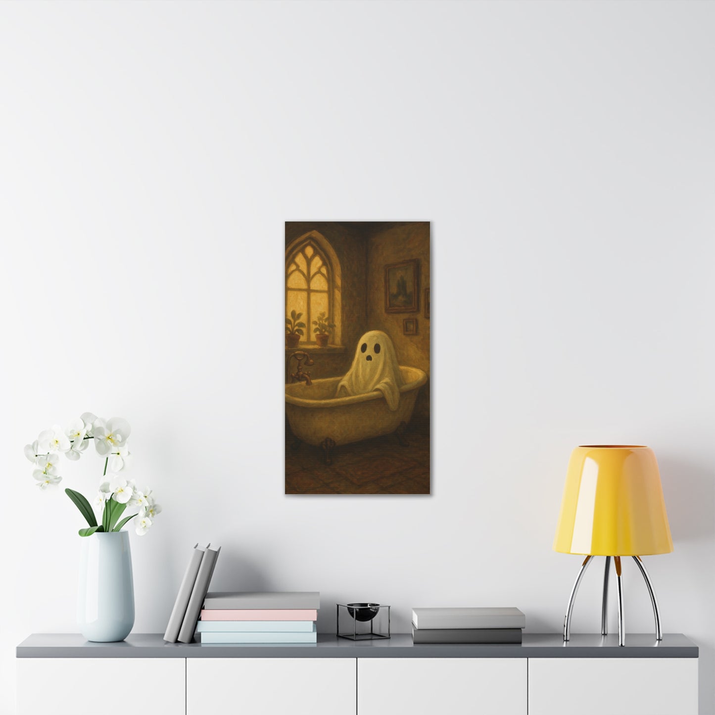 Canvas Stretched Wall Art - Ghost in Bathtub Traditional Bathroom Decor, Haunted House Wall Hanging, Spooky Home Art, Ghostly