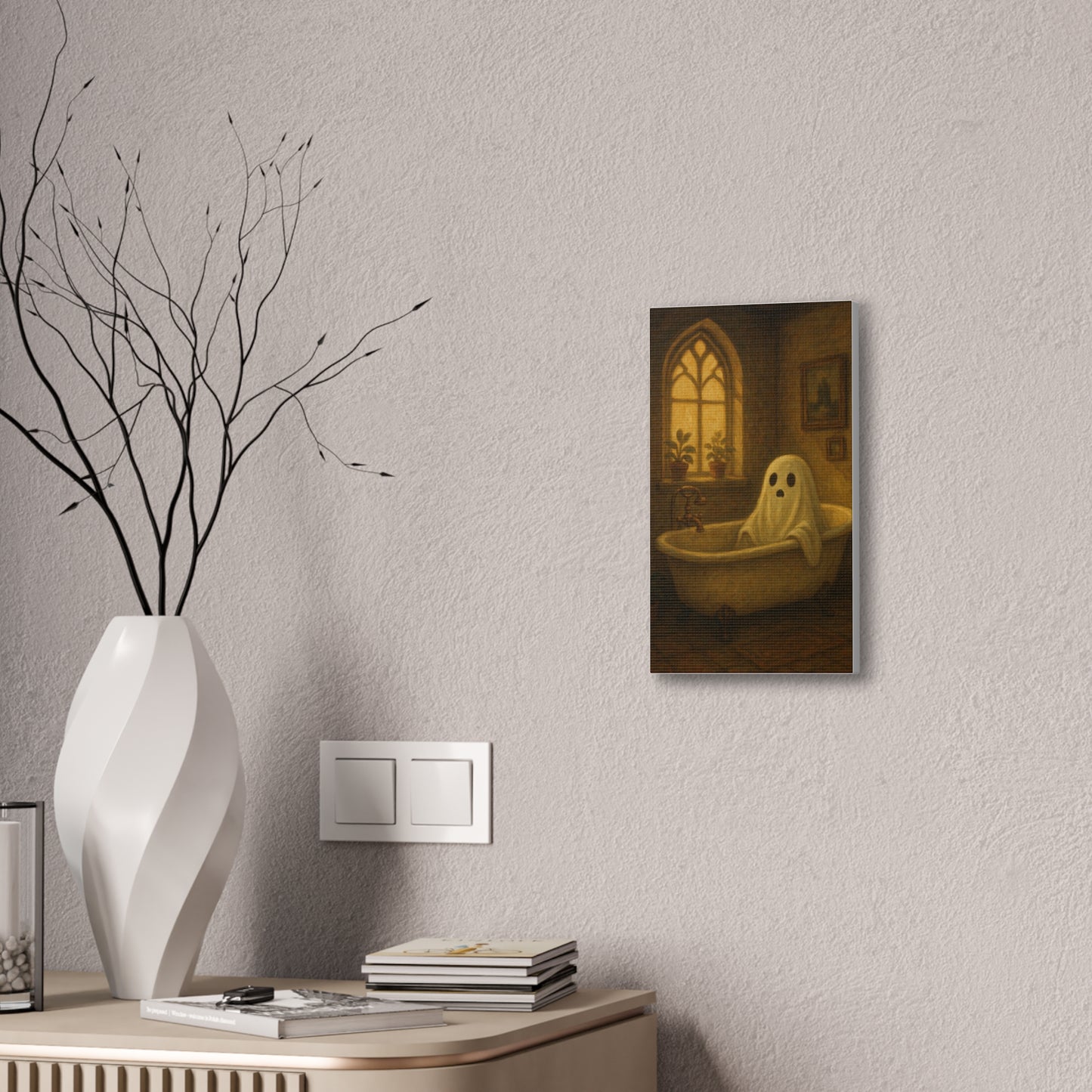Canvas Stretched Wall Art - Ghost in Bathtub Traditional Bathroom Decor, Haunted House Wall Hanging, Spooky Home Art, Ghostly