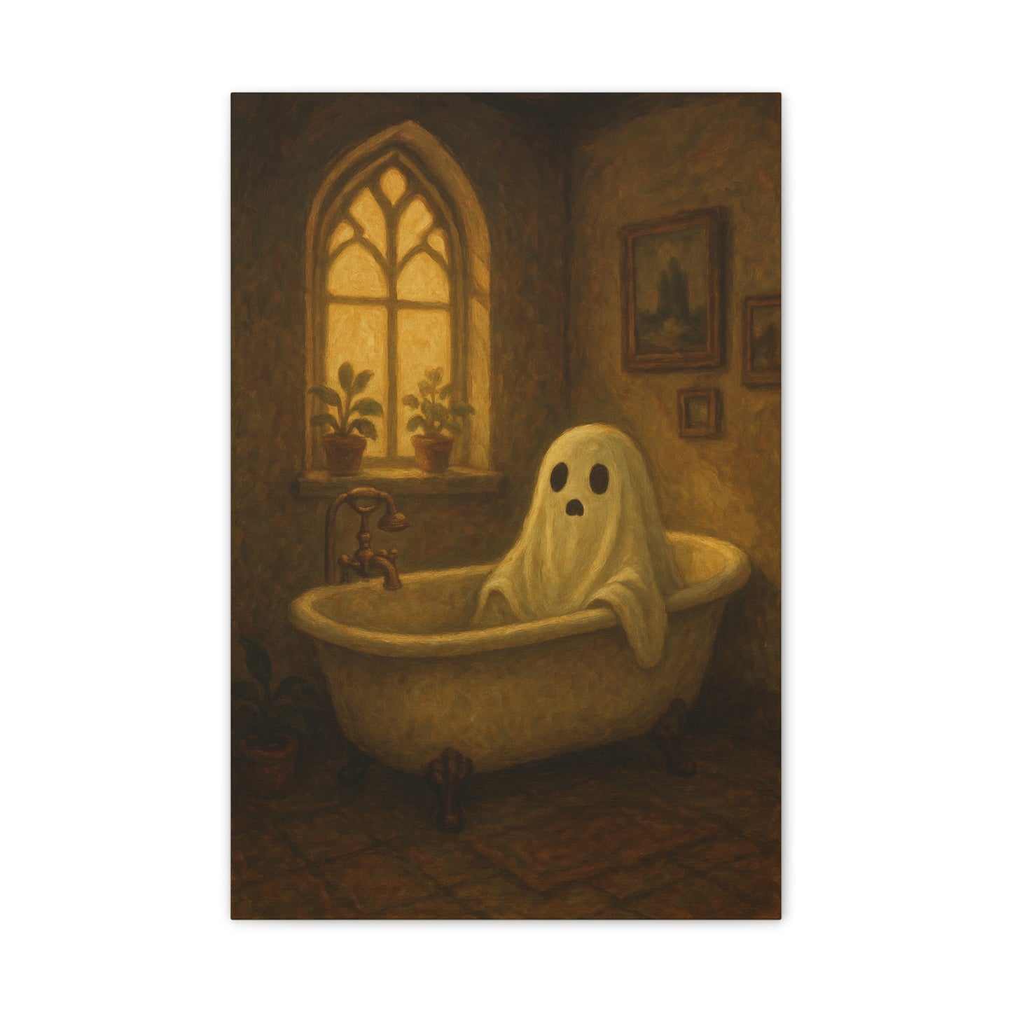 Canvas Stretched Wall Art - Ghost in Bathtub Traditional Bathroom Decor, Haunted House Wall Hanging, Spooky Home Art, Ghostly