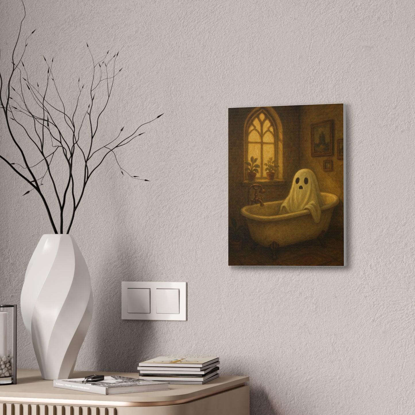 Canvas Stretched Wall Art - Ghost in Bathtub Traditional Bathroom Decor, Haunted House Wall Hanging, Spooky Home Art, Ghostly
