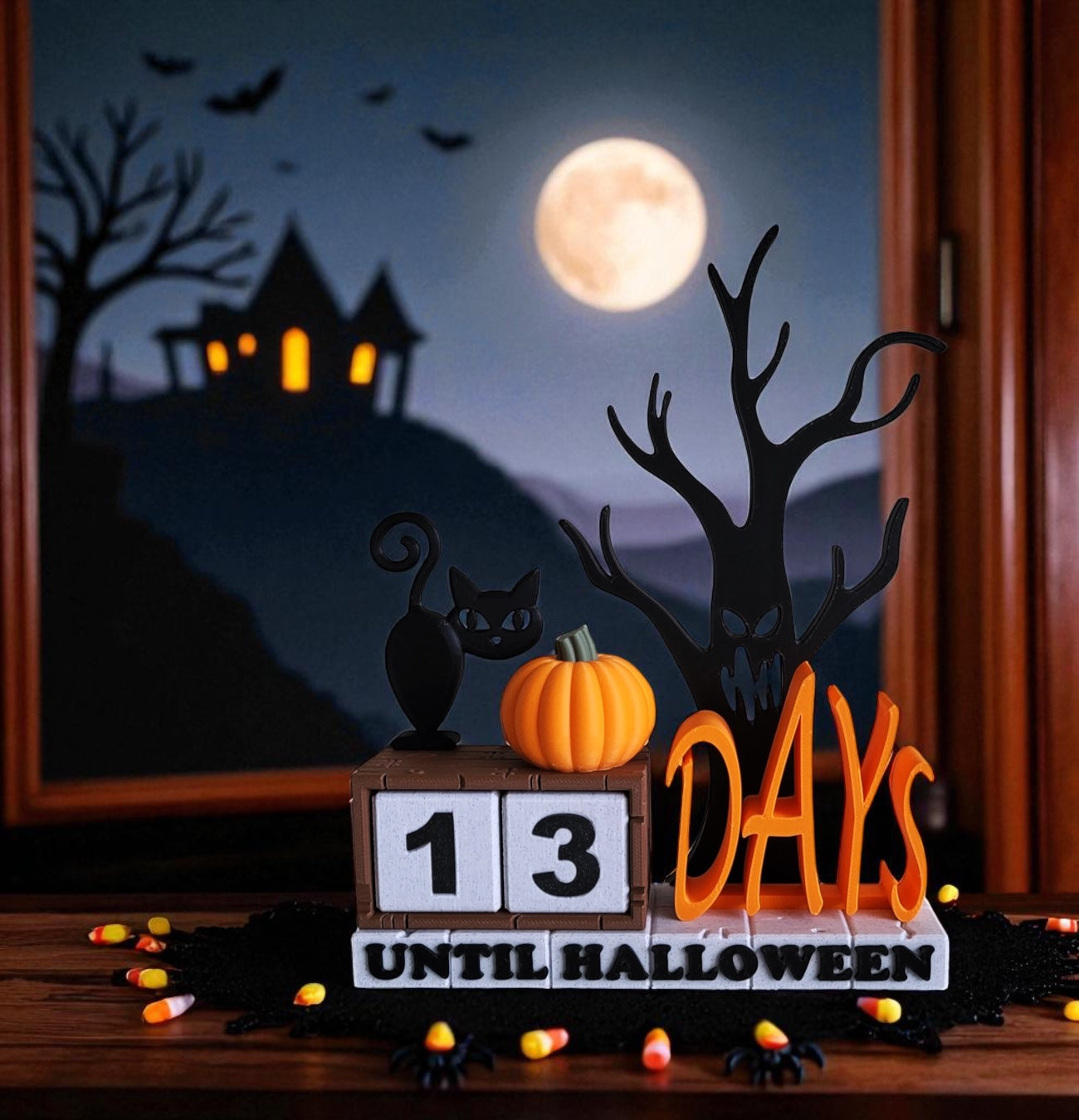 Halloween Countdown Calendar | Black Cat, Pumpkin & Tree Decor | Seasonal Fall Mantelpiece