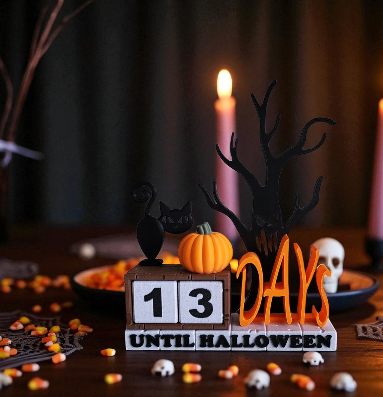 Halloween Countdown Calendar | Black Cat, Pumpkin & Tree Decor | Seasonal Fall Mantelpiece