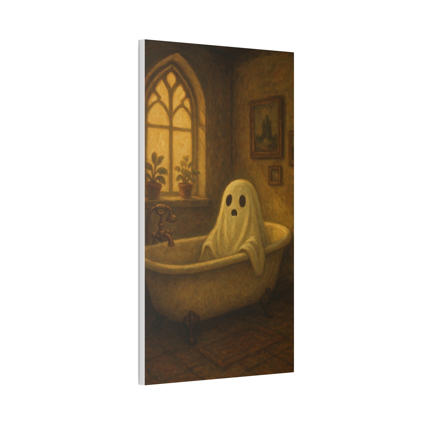 Canvas Stretched Wall Art - Ghost in Bathtub Traditional Bathroom Decor, Haunted House Wall Hanging, Spooky Home Art, Ghostly