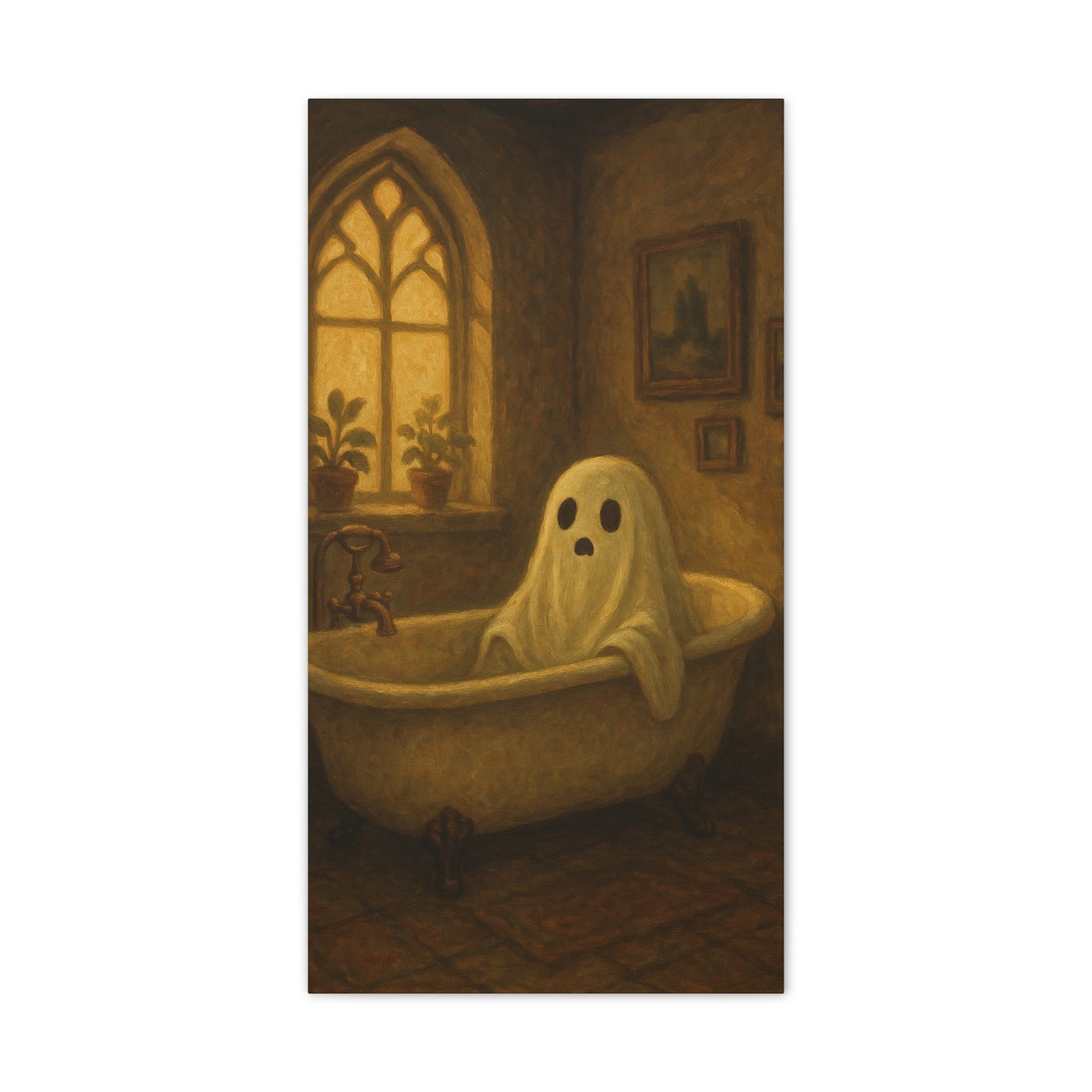 Canvas Stretched Wall Art - Ghost in Bathtub Traditional Bathroom Decor, Haunted House Wall Hanging, Spooky Home Art, Ghostly