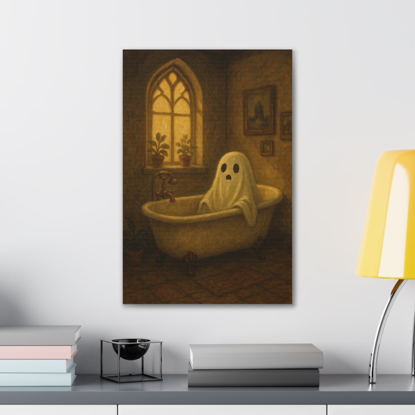 Canvas Stretched Wall Art - Ghost in Bathtub Traditional Bathroom Decor, Haunted House Wall Hanging, Spooky Home Art, Ghostly