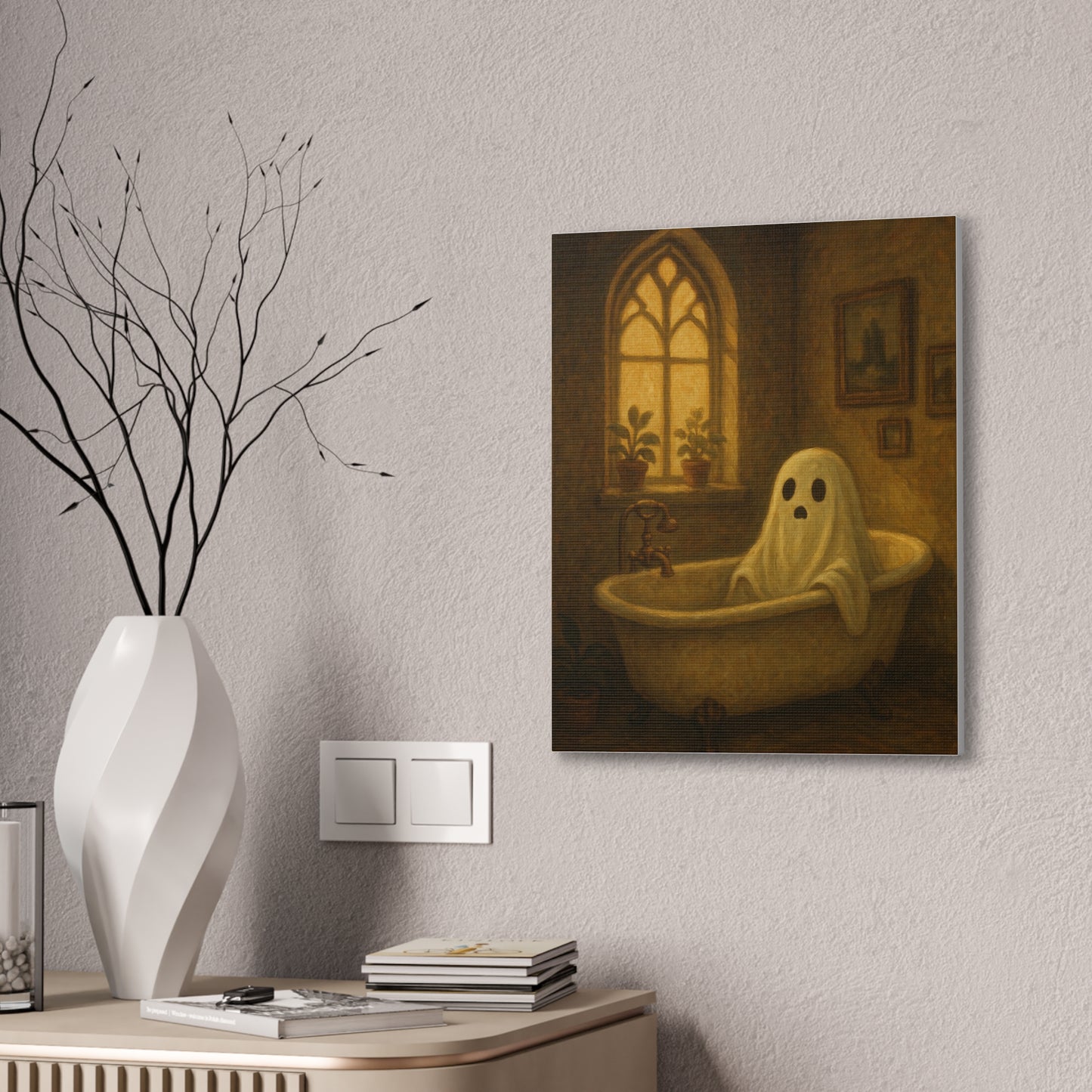 Canvas Stretched Wall Art - Ghost in Bathtub Traditional Bathroom Decor, Haunted House Wall Hanging, Spooky Home Art, Ghostly