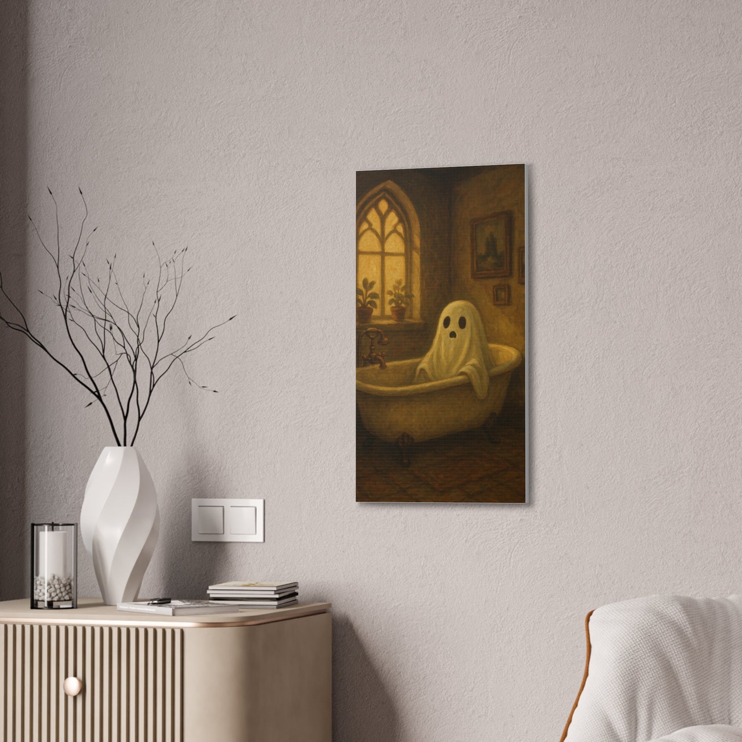Canvas Stretched Wall Art - Ghost in Bathtub Traditional Bathroom Decor, Haunted House Wall Hanging, Spooky Home Art, Ghostly