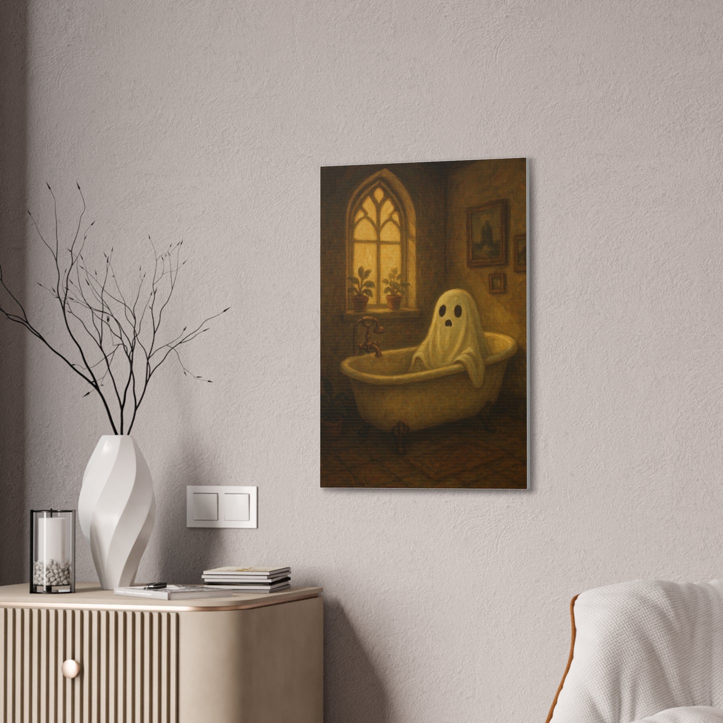 Canvas Stretched Wall Art - Ghost in Bathtub Traditional Bathroom Decor, Haunted House Wall Hanging, Spooky Home Art, Ghostly