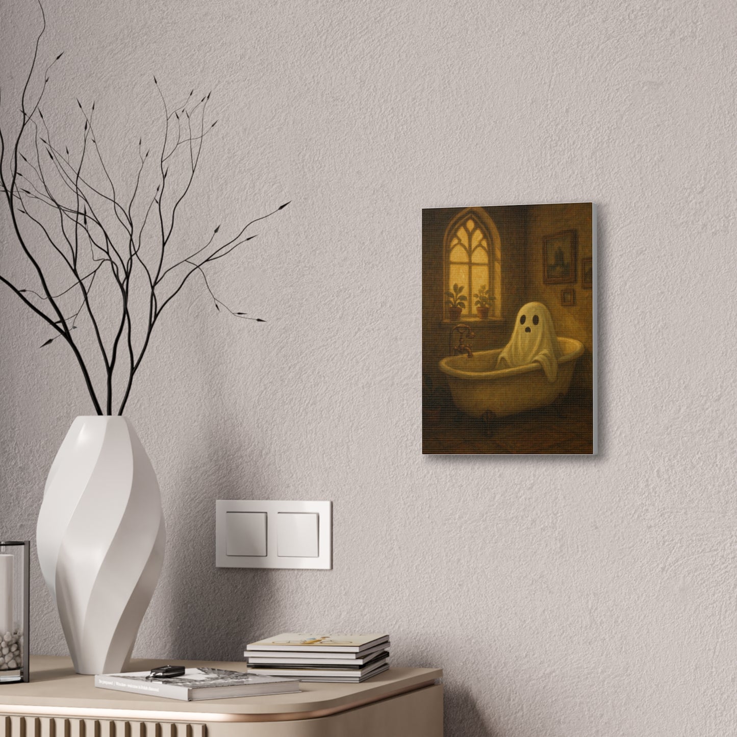 Canvas Stretched Wall Art - Ghost in Bathtub Traditional Bathroom Decor, Haunted House Wall Hanging, Spooky Home Art, Ghostly