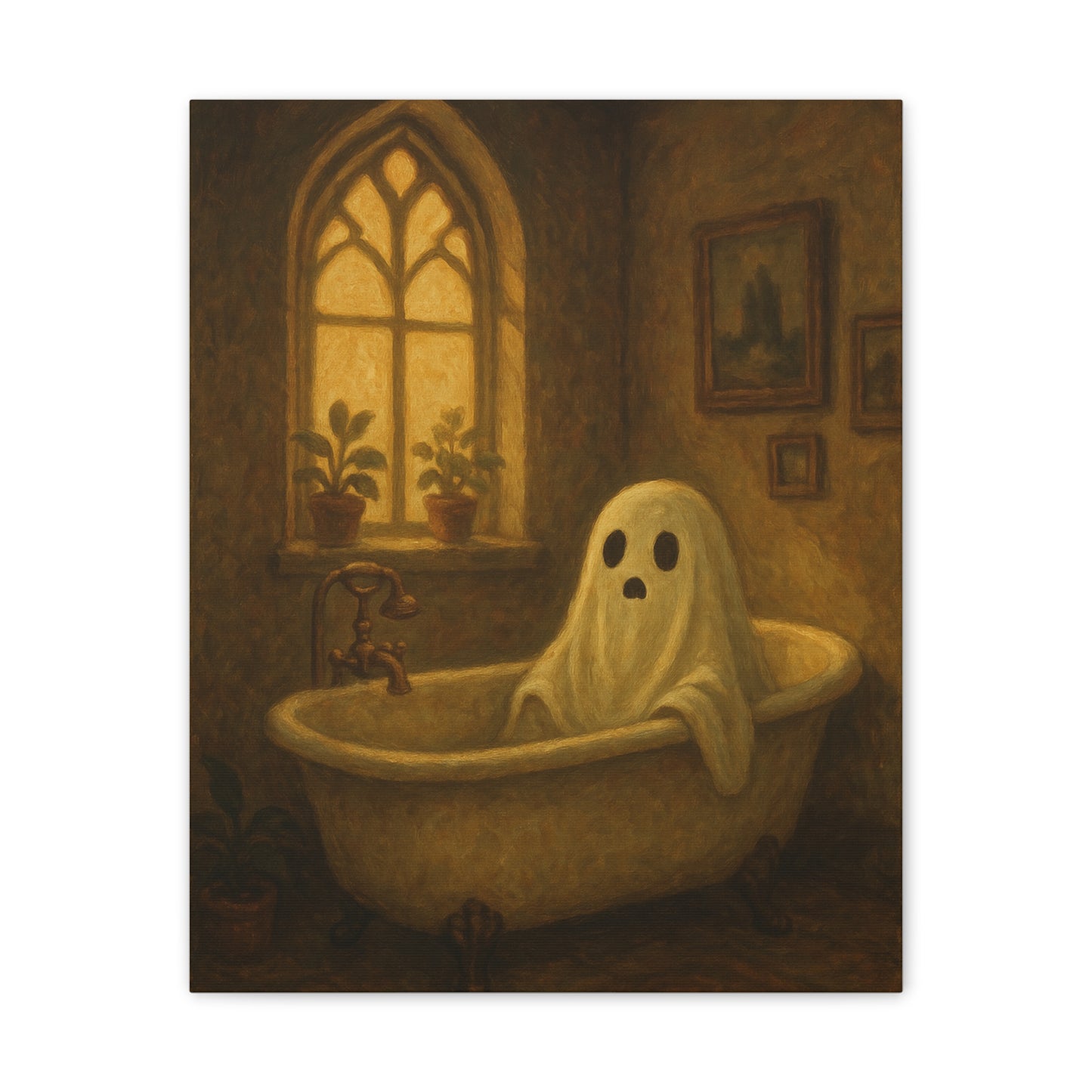 Canvas Stretched Wall Art - Ghost in Bathtub Traditional Bathroom Decor, Haunted House Wall Hanging, Spooky Home Art, Ghostly