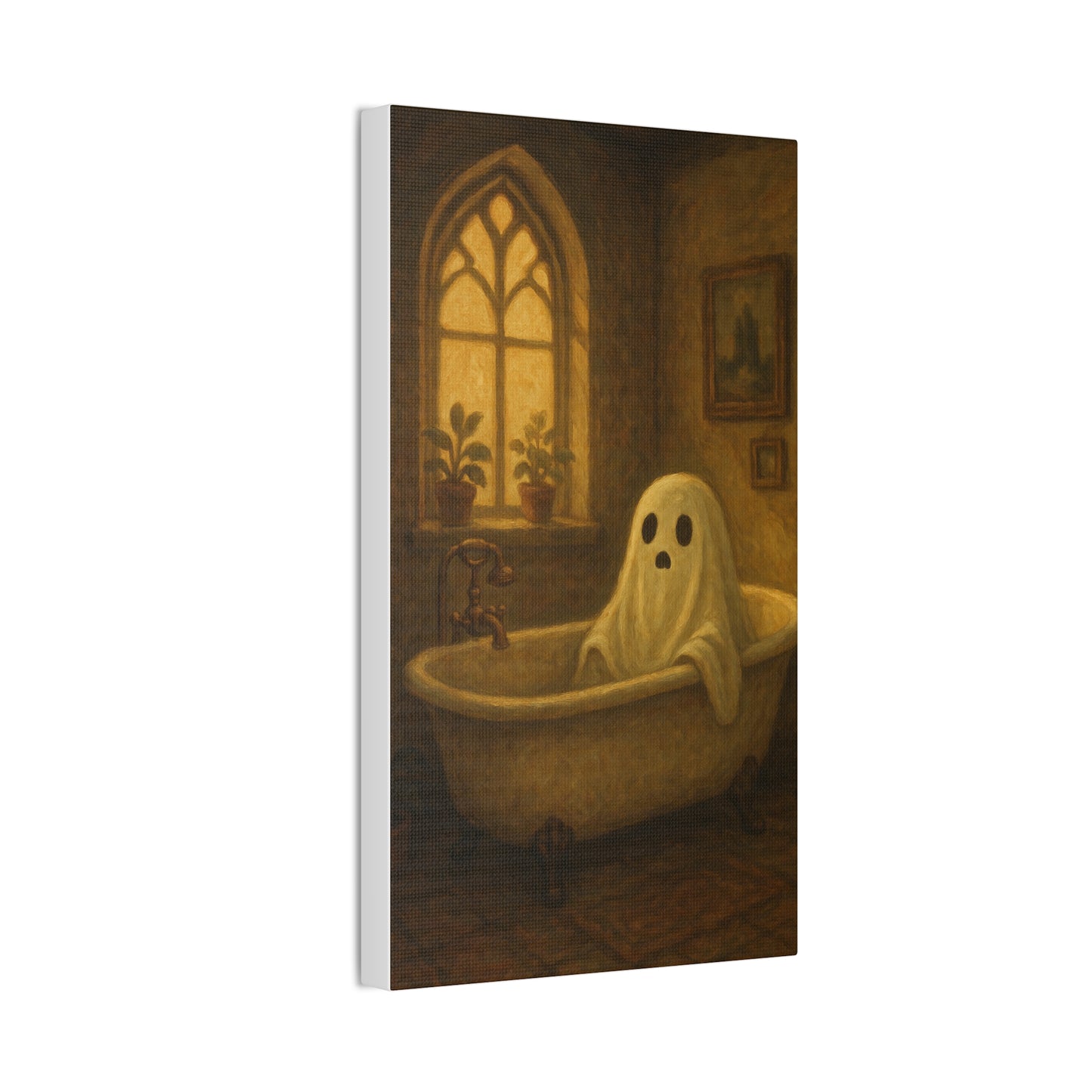 Canvas Stretched Wall Art - Ghost in Bathtub Traditional Bathroom Decor, Haunted House Wall Hanging, Spooky Home Art, Ghostly