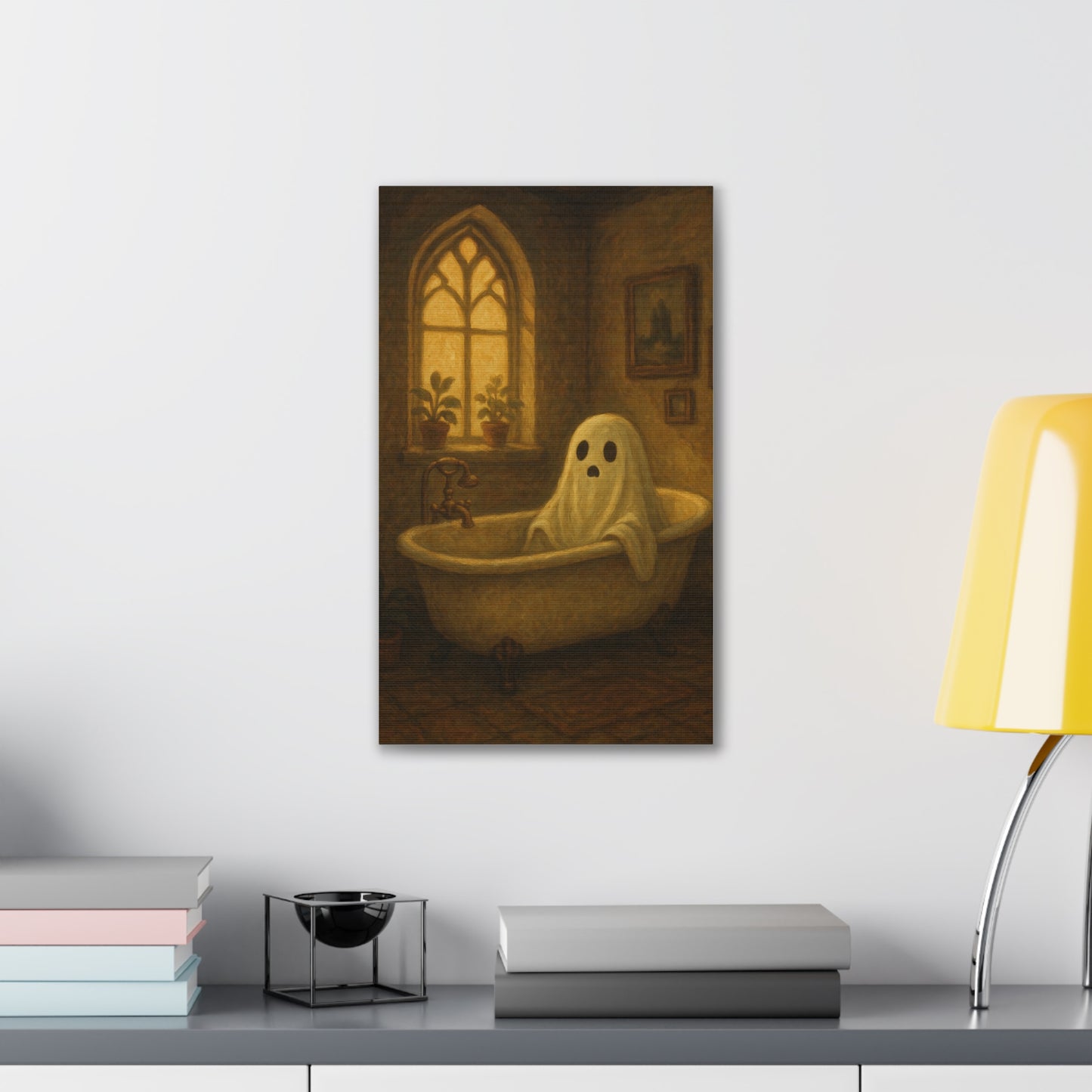 Canvas Stretched Wall Art - Ghost in Bathtub Traditional Bathroom Decor, Haunted House Wall Hanging, Spooky Home Art, Ghostly