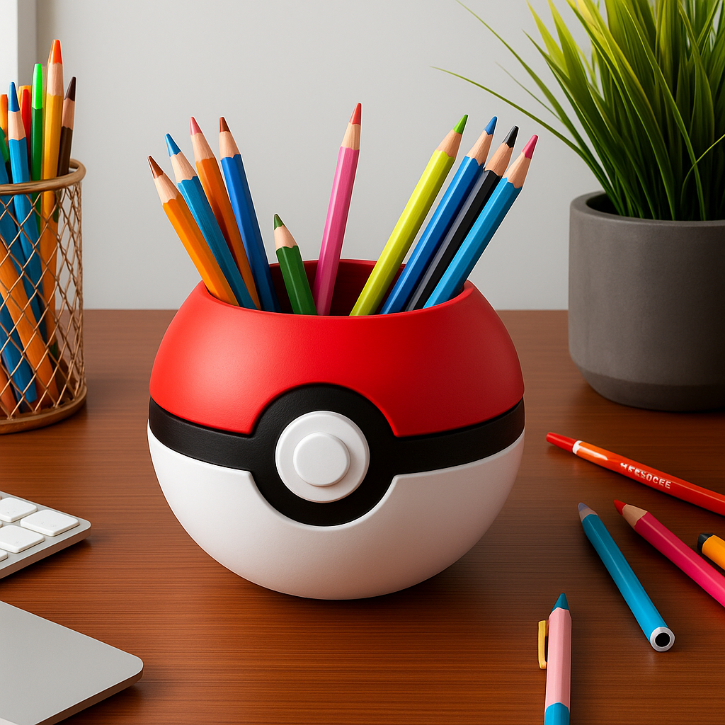 Pencil holder shaped like a Pokeball. It is red and white