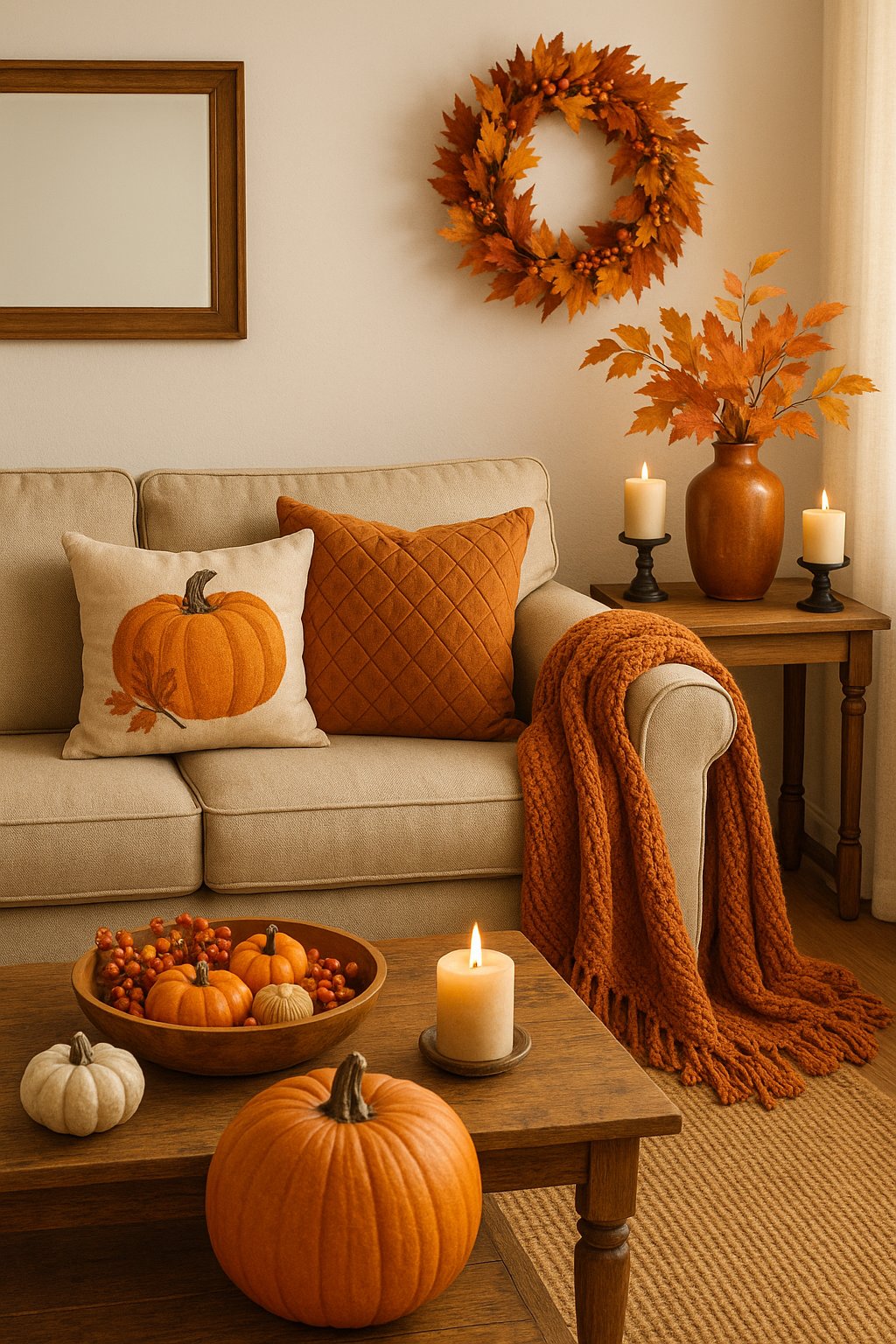 Living room filled with soft warm tones of autumn 