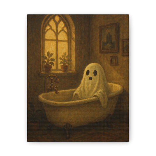 Canvas Stretched Wall Art - Ghost in Bathtub Traditional Bathroom Decor, Haunted House Wall Hanging, Spooky Home Art, Ghostly