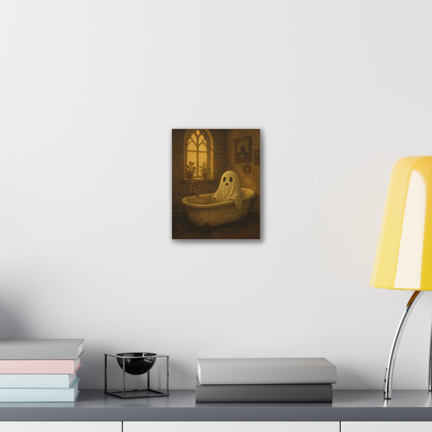 Canvas Stretched Wall Art - Ghost in Bathtub Traditional Bathroom Decor, Haunted House Wall Hanging, Spooky Home Art, Ghostly