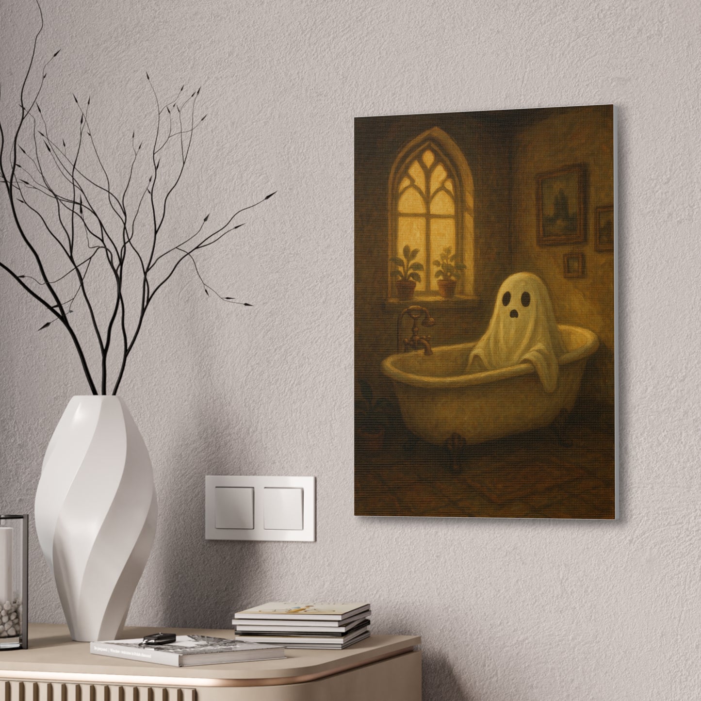 Canvas Stretched Wall Art - Ghost in Bathtub Traditional Bathroom Decor, Haunted House Wall Hanging, Spooky Home Art, Ghostly
