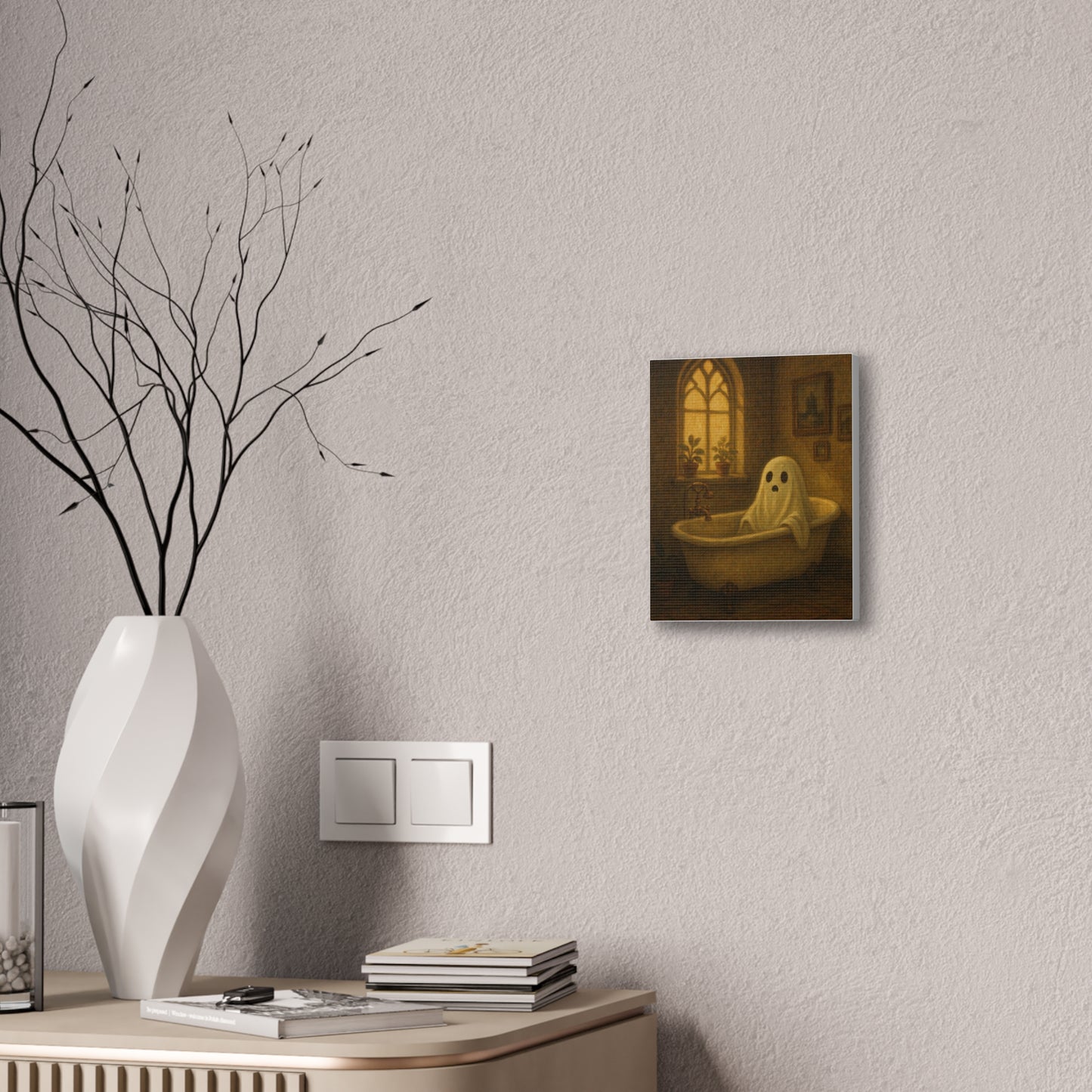 Canvas Stretched Wall Art - Ghost in Bathtub Traditional Bathroom Decor, Haunted House Wall Hanging, Spooky Home Art, Ghostly