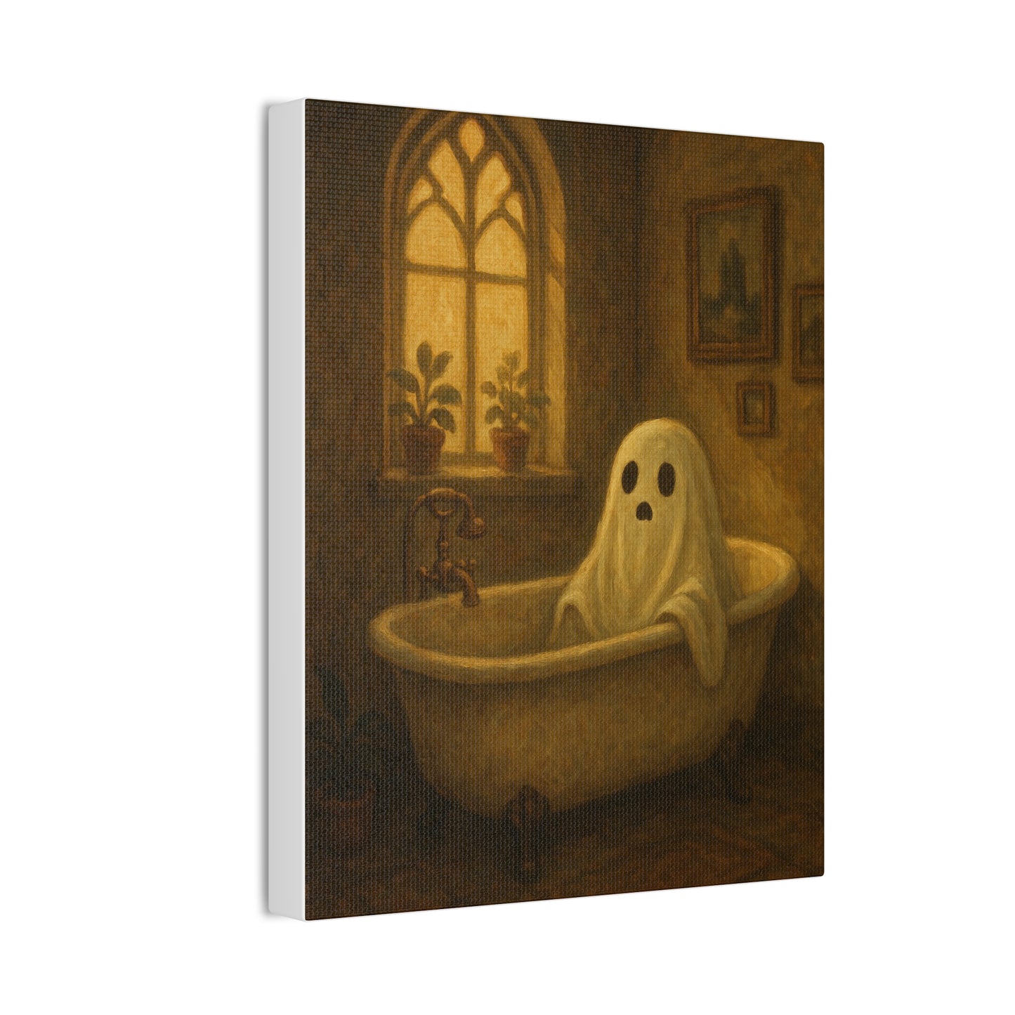 Canvas Stretched Wall Art - Ghost in Bathtub Traditional Bathroom Decor, Haunted House Wall Hanging, Spooky Home Art, Ghostly
