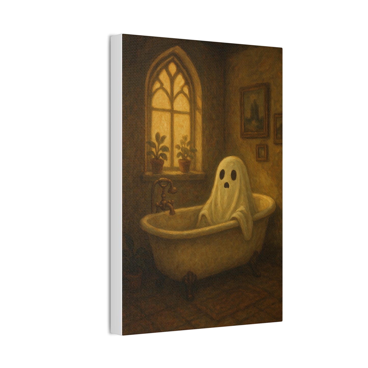 Canvas Stretched Wall Art - Ghost in Bathtub Traditional Bathroom Decor, Haunted House Wall Hanging, Spooky Home Art, Ghostly