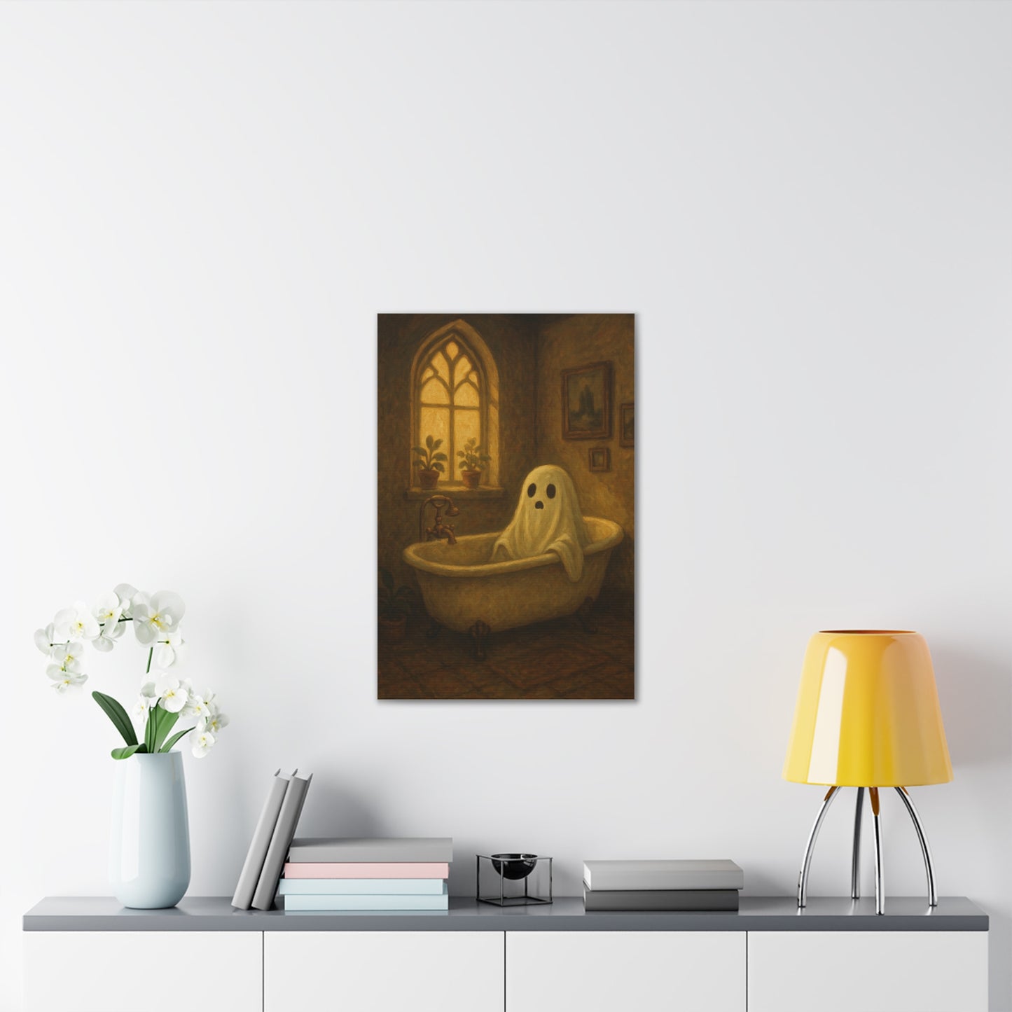 Canvas Stretched Wall Art - Ghost in Bathtub Traditional Bathroom Decor, Haunted House Wall Hanging, Spooky Home Art, Ghostly