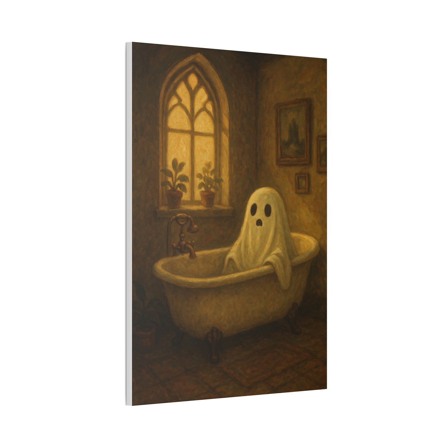 Canvas Stretched Wall Art - Ghost in Bathtub Traditional Bathroom Decor, Haunted House Wall Hanging, Spooky Home Art, Ghostly