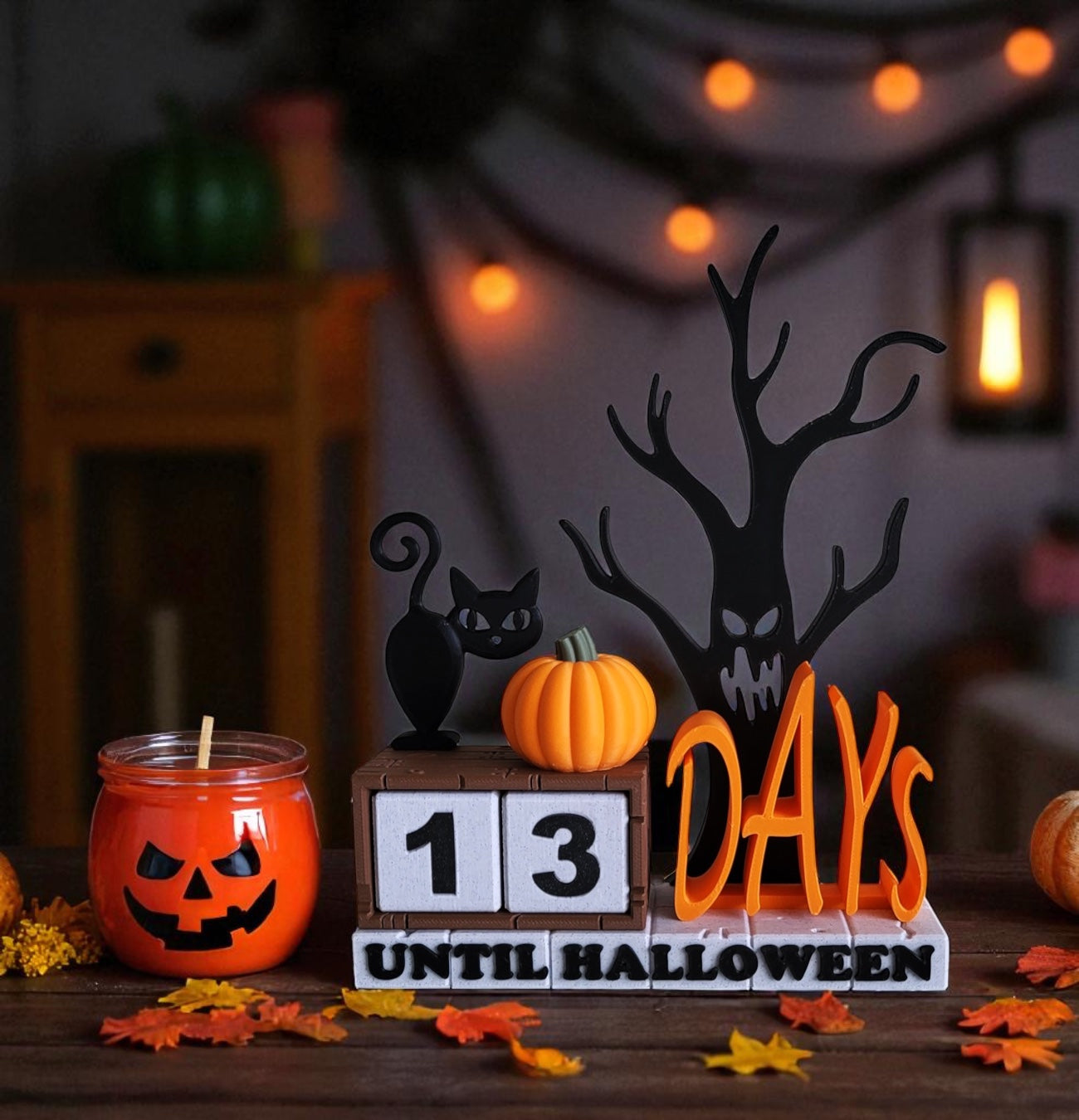Halloween Countdown Calendar | Black Cat, Pumpkin & Tree Decor | Seasonal Fall Mantelpiece