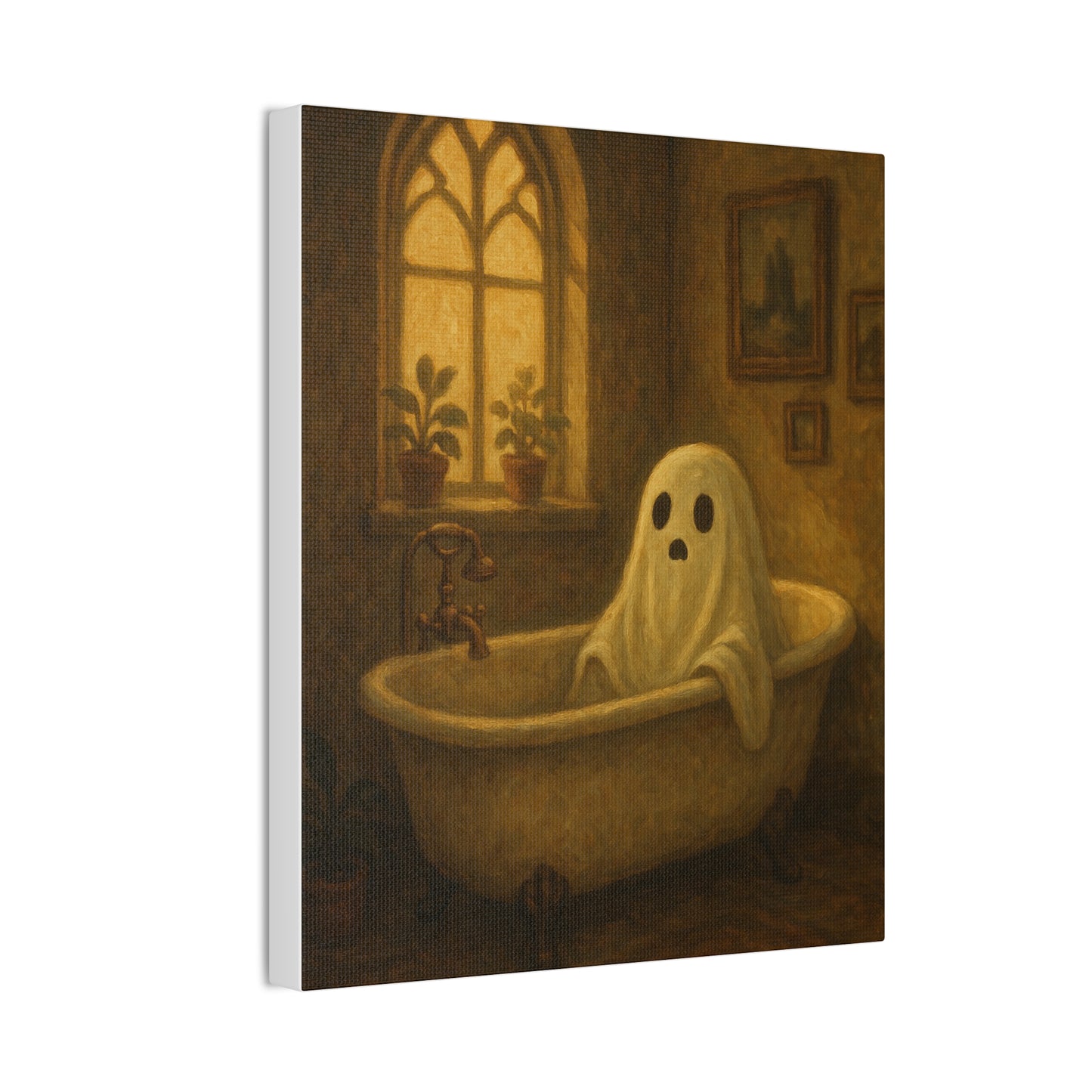 Canvas Stretched Wall Art - Ghost in Bathtub Traditional Bathroom Decor, Haunted House Wall Hanging, Spooky Home Art, Ghostly