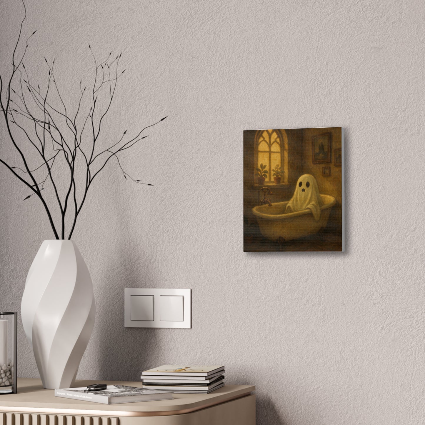 Canvas Stretched Wall Art - Ghost in Bathtub Traditional Bathroom Decor, Haunted House Wall Hanging, Spooky Home Art, Ghostly