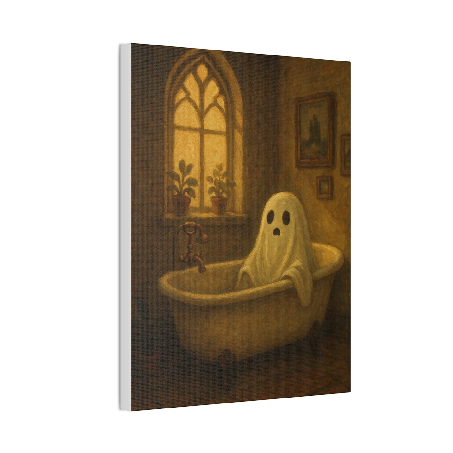 Canvas Stretched Wall Art - Ghost in Bathtub Traditional Bathroom Decor, Haunted House Wall Hanging, Spooky Home Art, Ghostly
