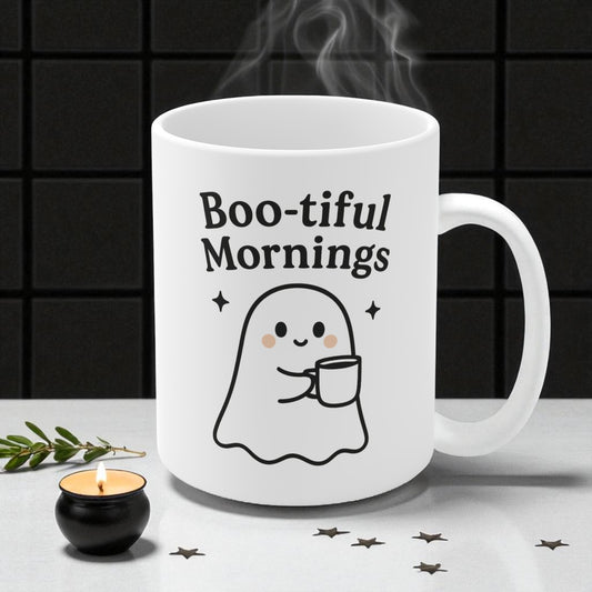 Cute Ghost Mug - Boo-tiful Mornings Coffee Cup, Halloween Gift, Fun Kitchenware, Spooky Decor, Daily Use Mug
