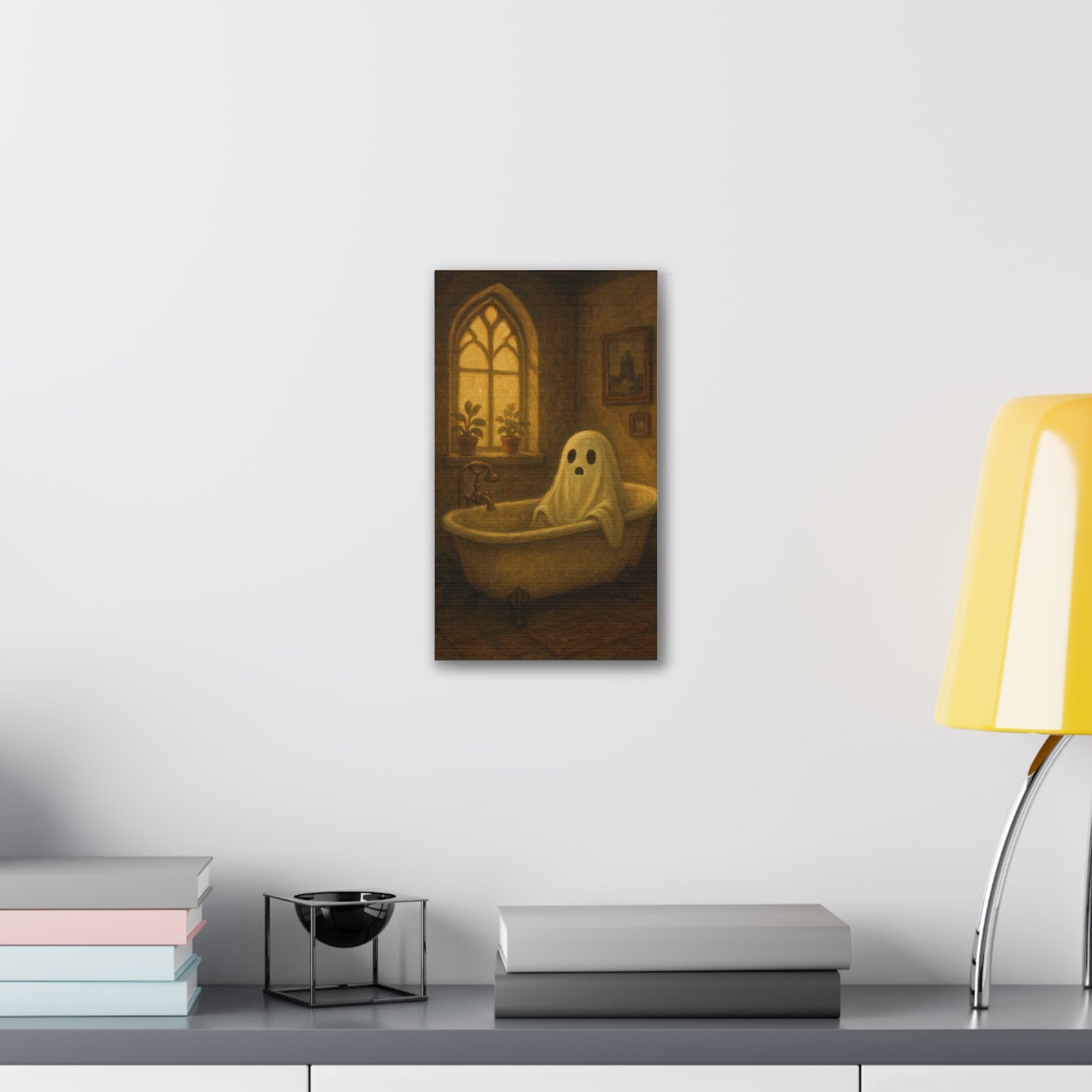 Canvas Stretched Wall Art - Ghost in Bathtub Traditional Bathroom Decor, Haunted House Wall Hanging, Spooky Home Art, Ghostly