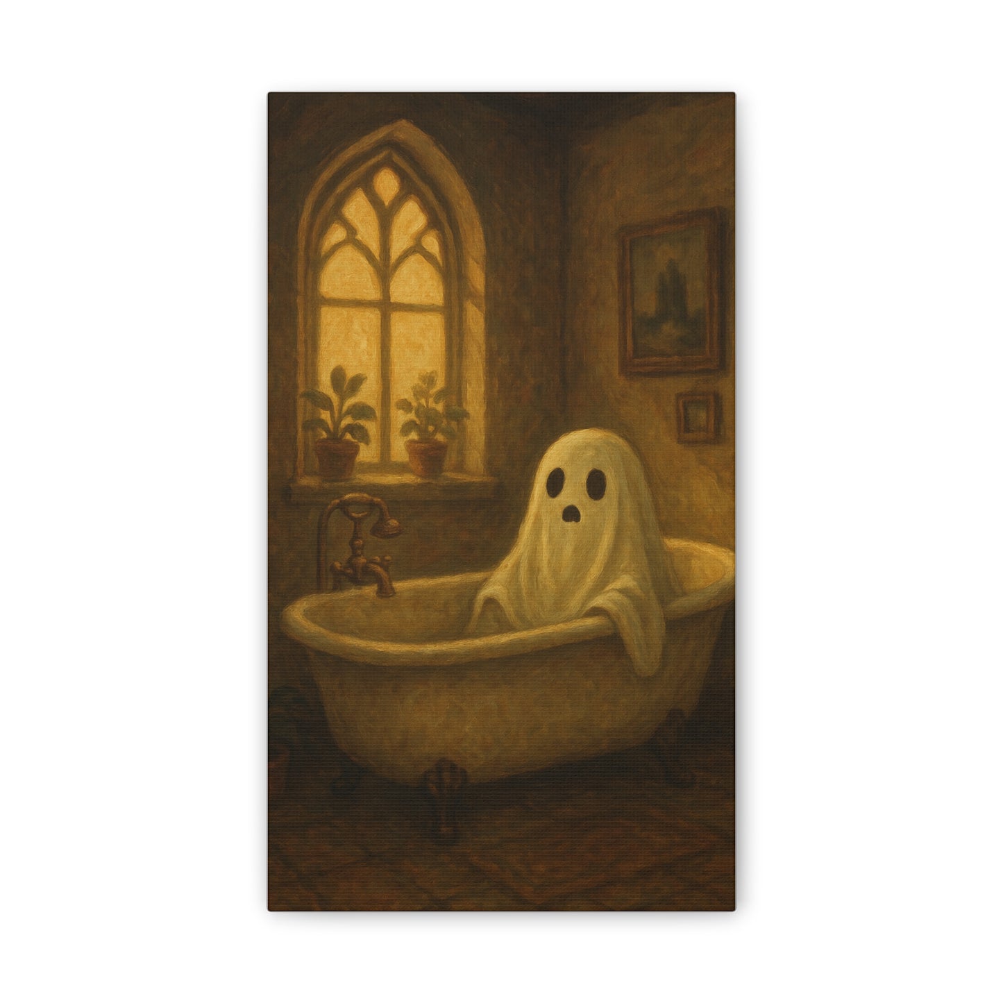Canvas Stretched Wall Art - Ghost in Bathtub Traditional Bathroom Decor, Haunted House Wall Hanging, Spooky Home Art, Ghostly