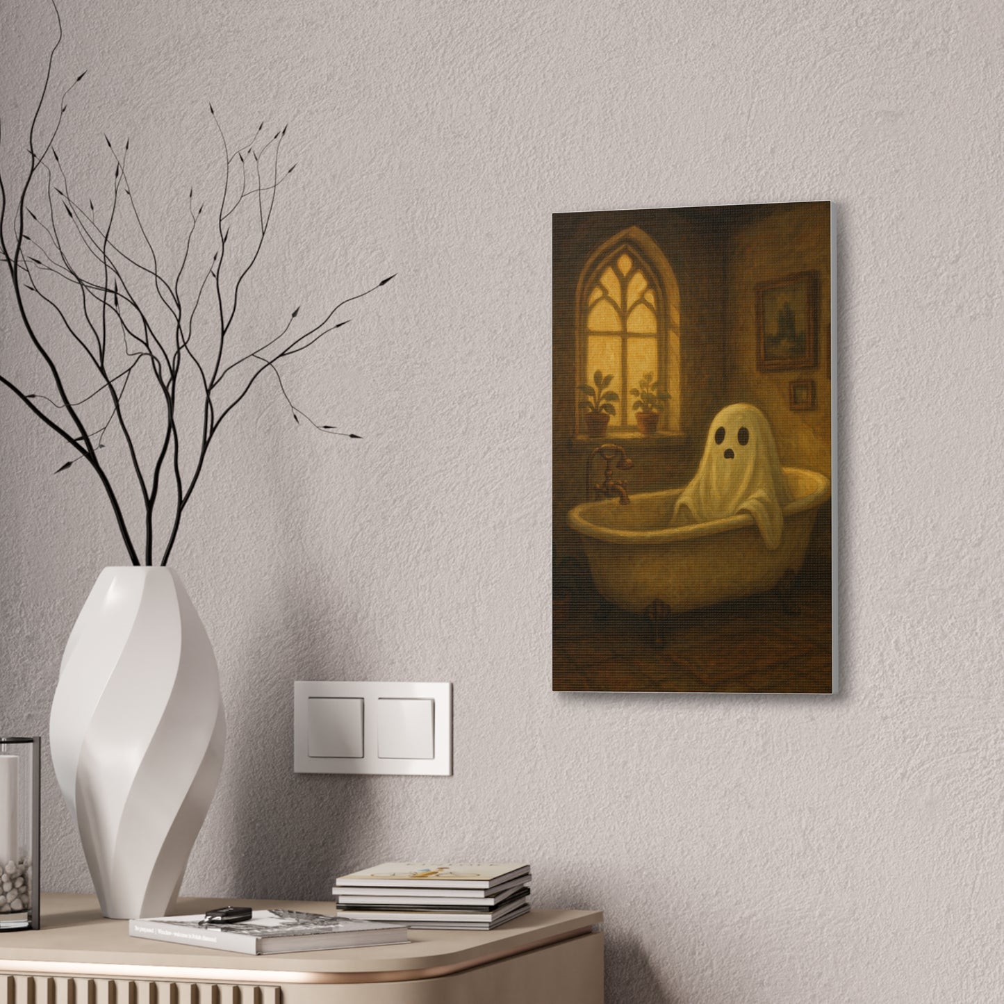 Canvas Stretched Wall Art - Ghost in Bathtub Traditional Bathroom Decor, Haunted House Wall Hanging, Spooky Home Art, Ghostly