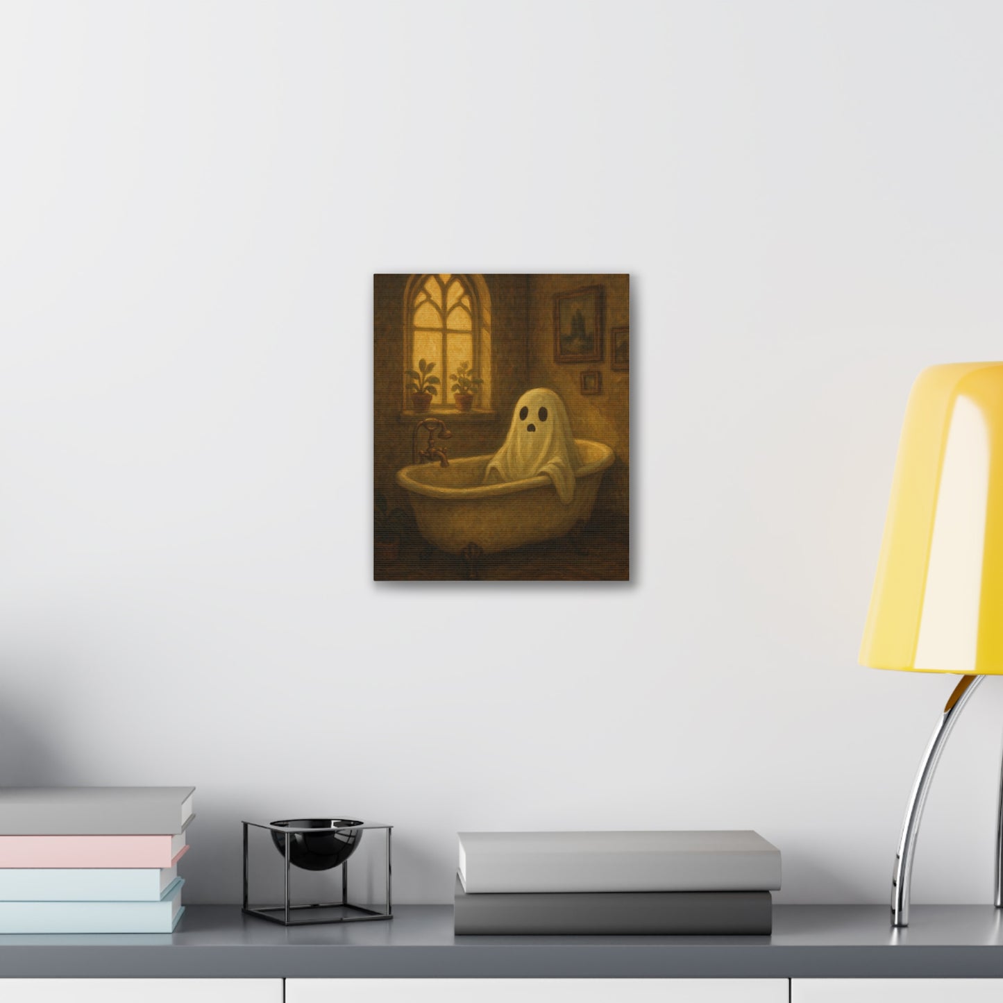 Canvas Stretched Wall Art - Ghost in Bathtub Traditional Bathroom Decor, Haunted House Wall Hanging, Spooky Home Art, Ghostly