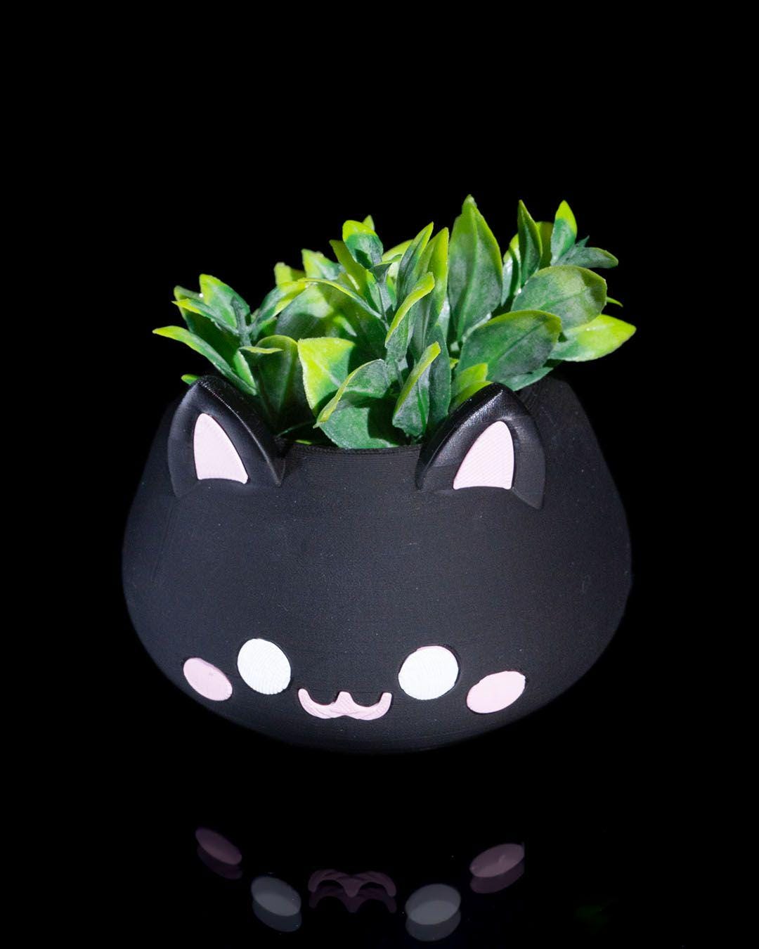 Cat Head, Black, Cute Succulent Pot-Printastic Treasures