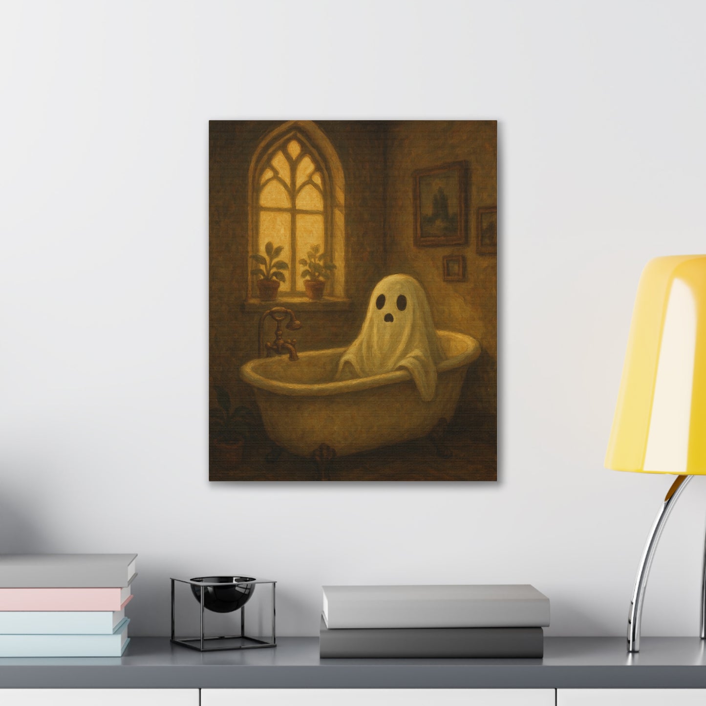 Canvas Stretched Wall Art - Ghost in Bathtub Traditional Bathroom Decor, Haunted House Wall Hanging, Spooky Home Art, Ghostly
