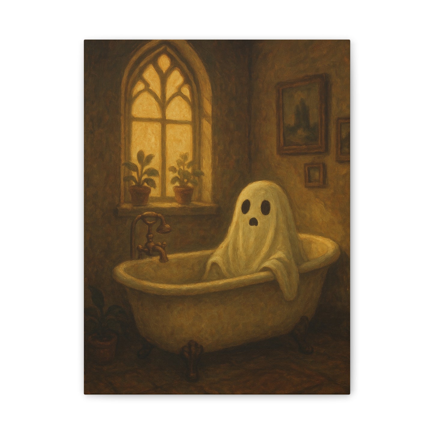 Canvas Stretched Wall Art - Ghost in Bathtub Traditional Bathroom Decor, Haunted House Wall Hanging, Spooky Home Art, Ghostly