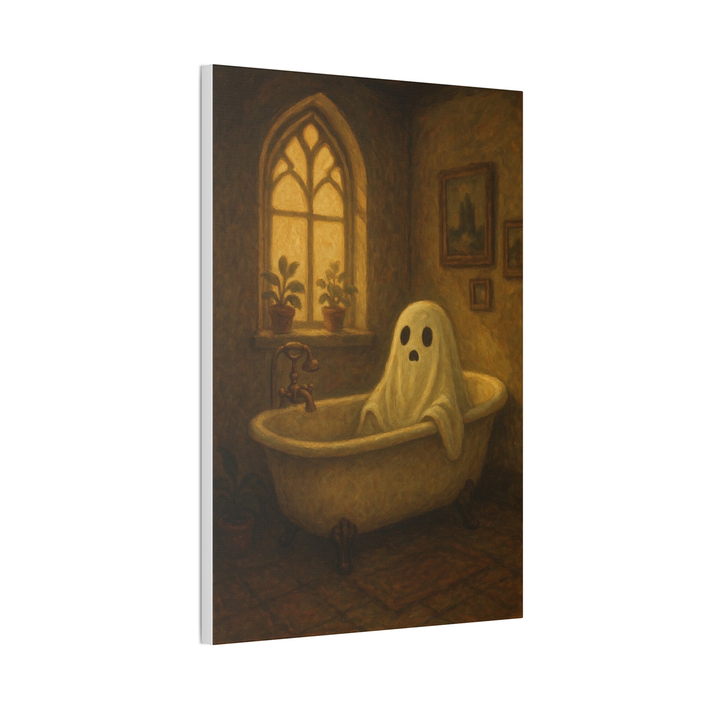 Canvas Stretched Wall Art - Ghost in Bathtub Traditional Bathroom Decor, Haunted House Wall Hanging, Spooky Home Art, Ghostly