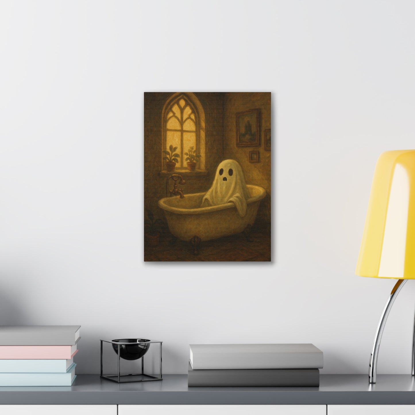Canvas Stretched Wall Art - Ghost in Bathtub Traditional Bathroom Decor, Haunted House Wall Hanging, Spooky Home Art, Ghostly