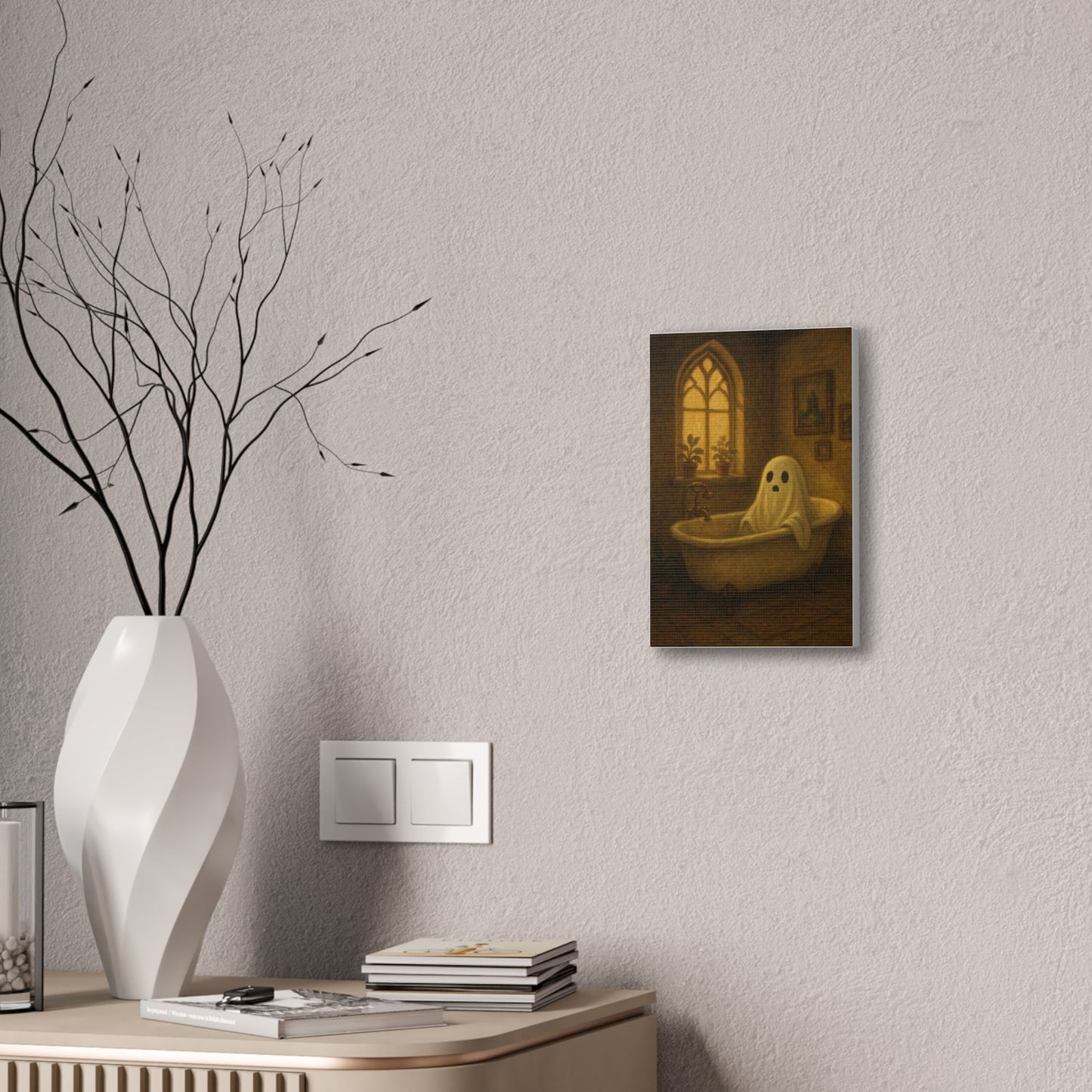 Canvas Stretched Wall Art - Ghost in Bathtub Traditional Bathroom Decor, Haunted House Wall Hanging, Spooky Home Art, Ghostly