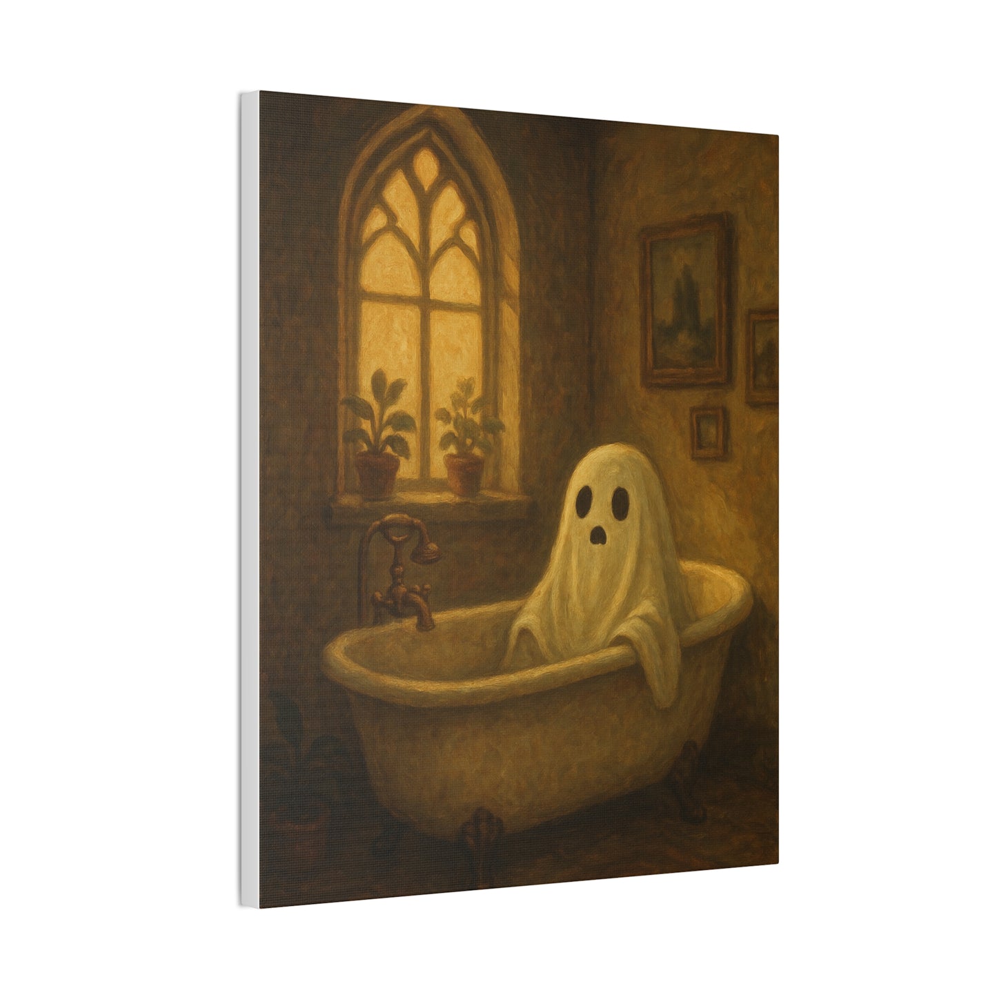 Canvas Stretched Wall Art - Ghost in Bathtub Traditional Bathroom Decor, Haunted House Wall Hanging, Spooky Home Art, Ghostly