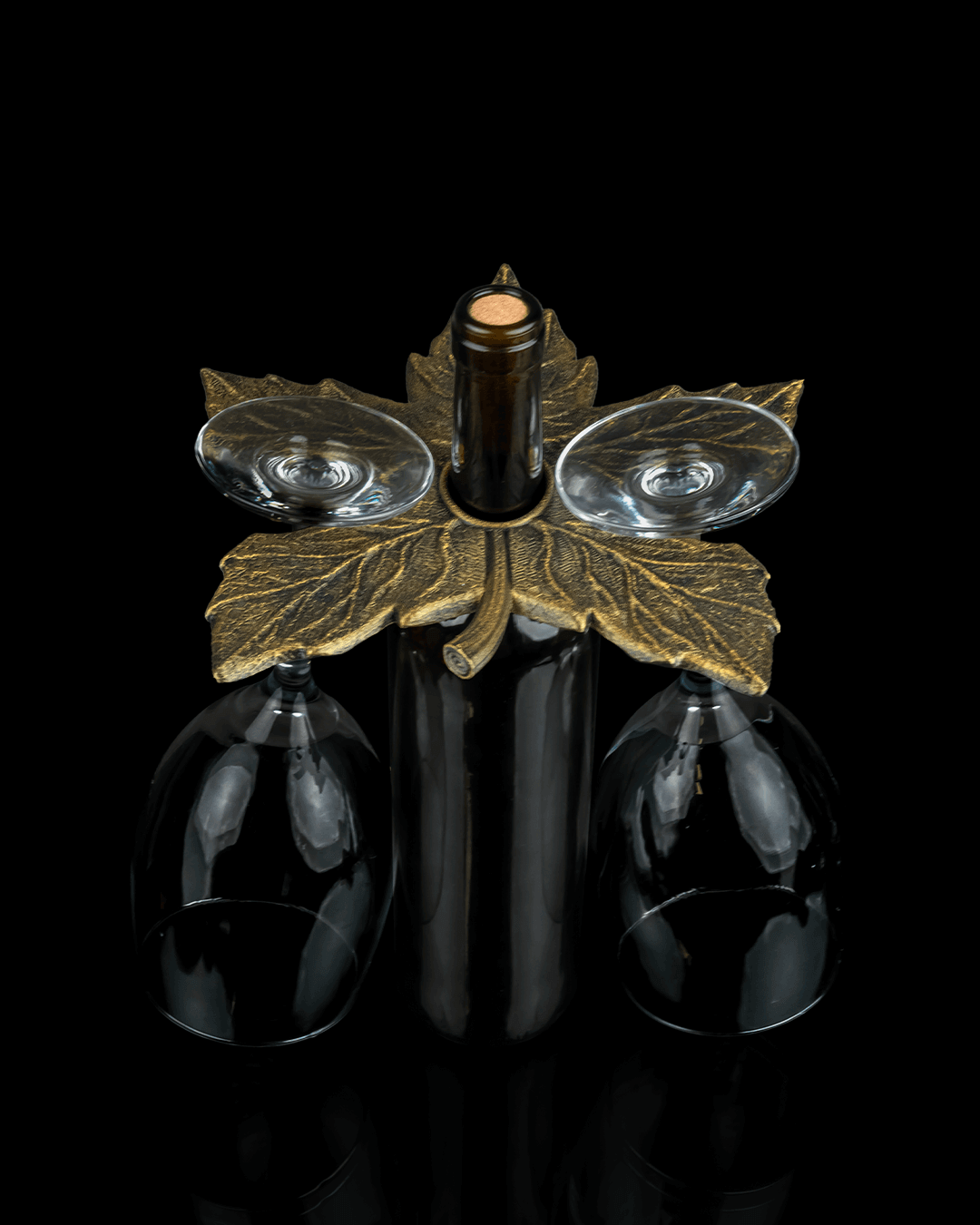 Elegant leaf-shaped wine glass holder showcasing wine and glasses, perfect for fall decor and wine lovers.